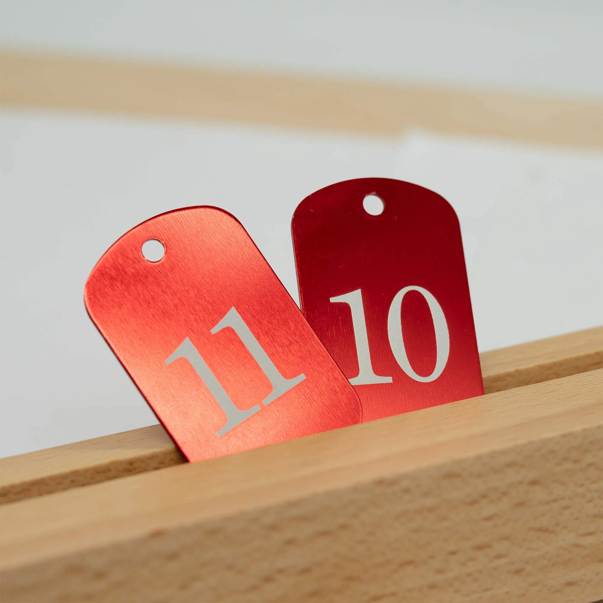 Medagliette con numeri incisi, medagliette identificative, in alluminio, con anello portachiavi (1-100, rosso) - immagine 3