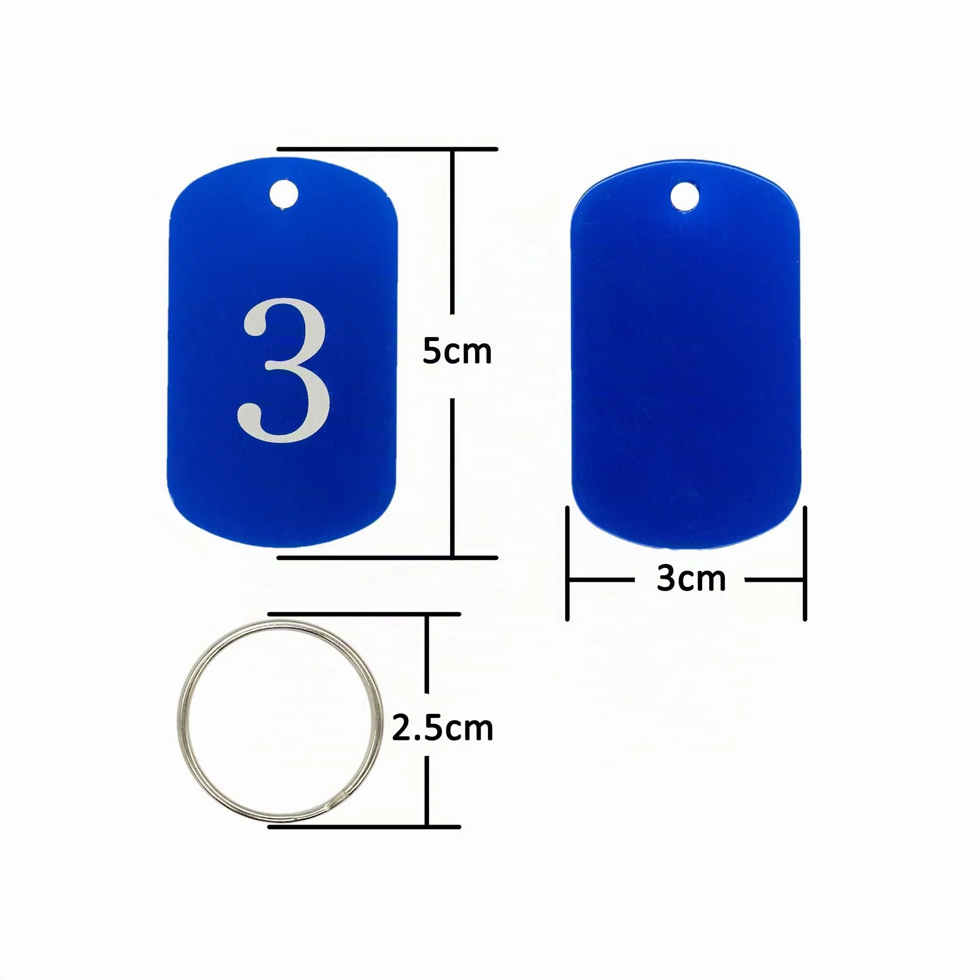 Medagliette con numeri incisi, medagliette identificative, in alluminio, con anello portachiavi (1-50, blu) - immagine 2