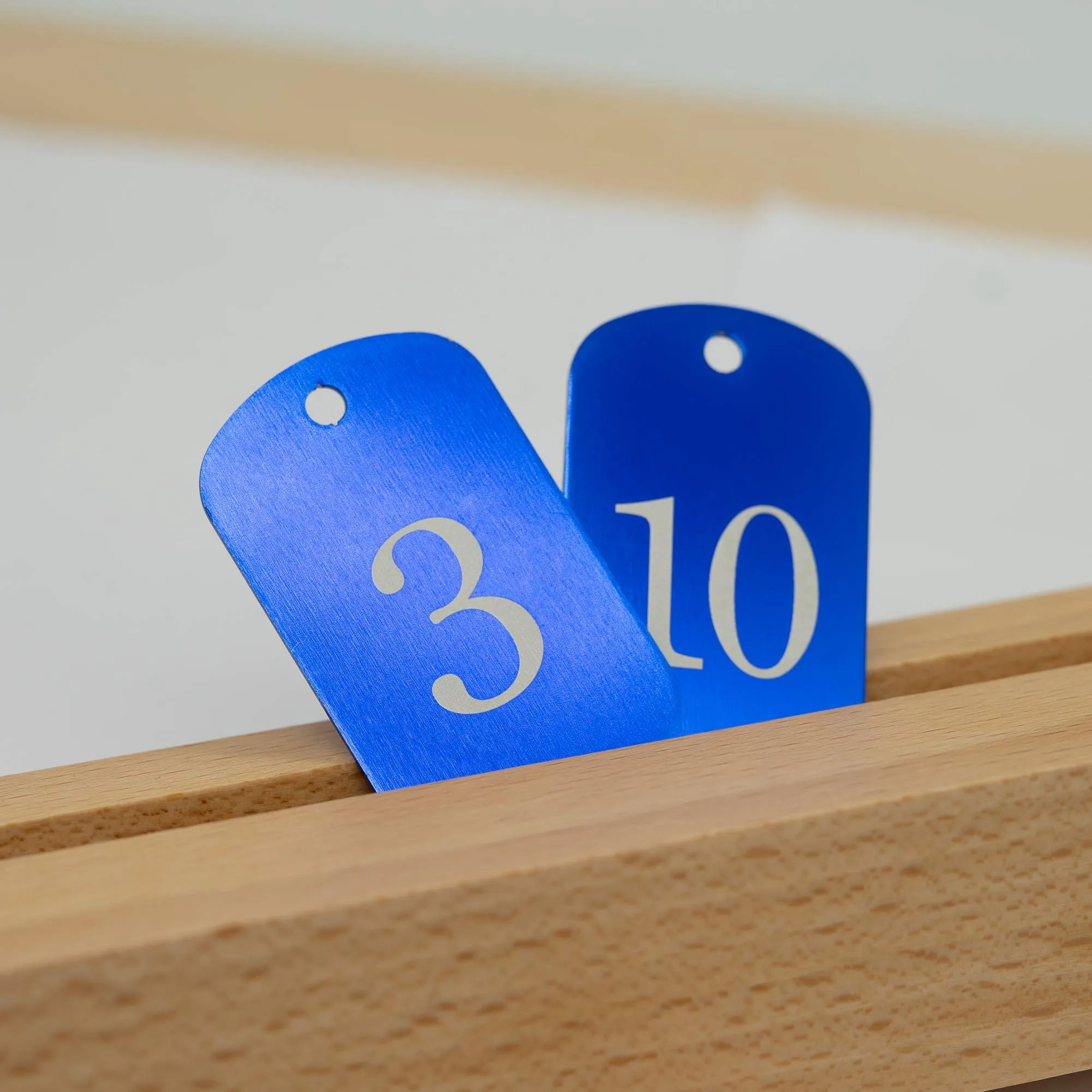 Medagliette con numeri incisi, medagliette identificative, in alluminio, con anello portachiavi (1-50, blu) - immagine 3
