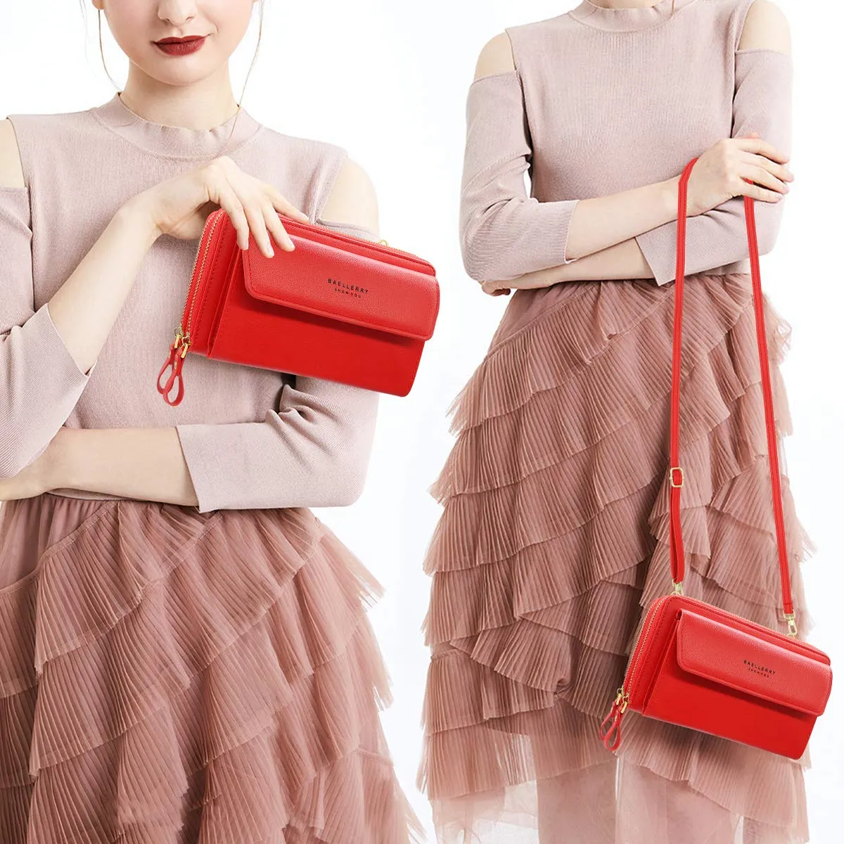 HNOOM Borsa a Tracolla da Donna, per Cellulare, Portafoglio, con Doppia Cerniera, Piccola a Spalla Grande Capacità, Porta Monete (Rosso) - immagine 2