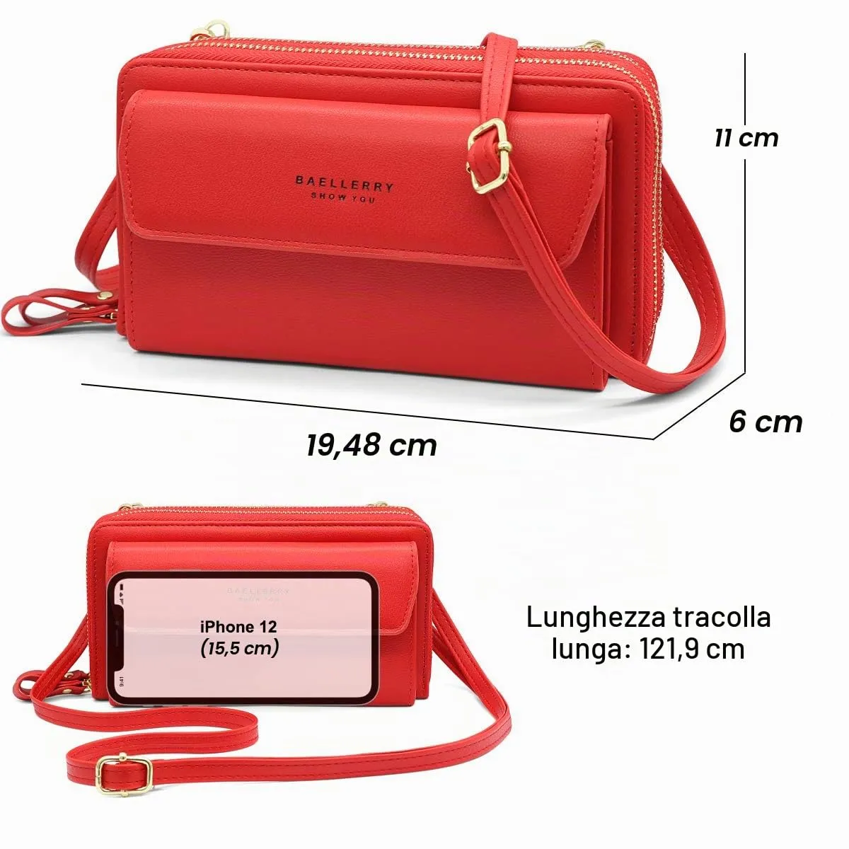HNOOM Borsa a Tracolla da Donna, per Cellulare, Portafoglio, con Doppia Cerniera, Piccola a Spalla Grande Capacità, Porta Monete (Rosso) - immagine 6