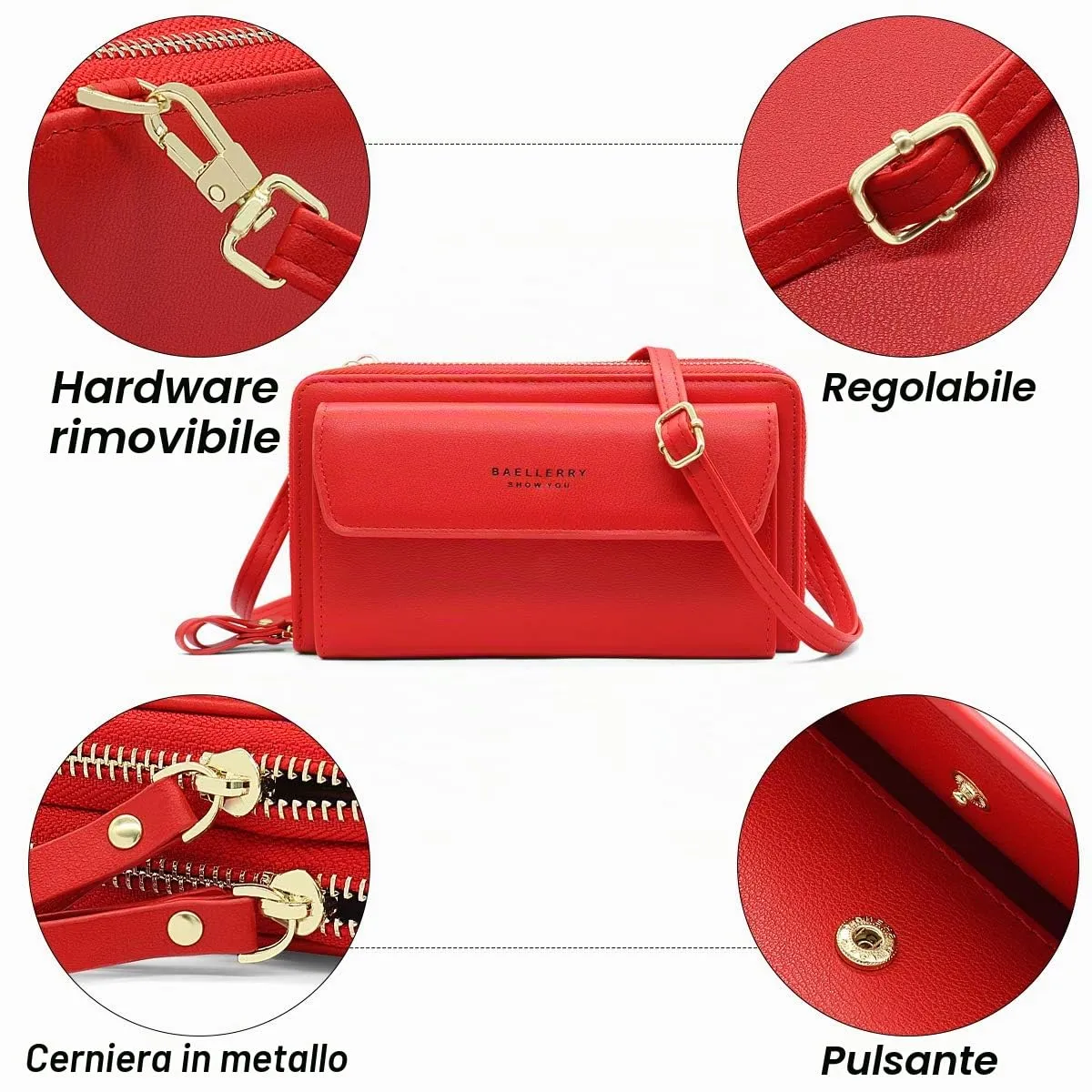 HNOOM Borsa a Tracolla da Donna, per Cellulare, Portafoglio, con Doppia Cerniera, Piccola a Spalla Grande Capacità, Porta Monete (Rosso) - immagine 7
