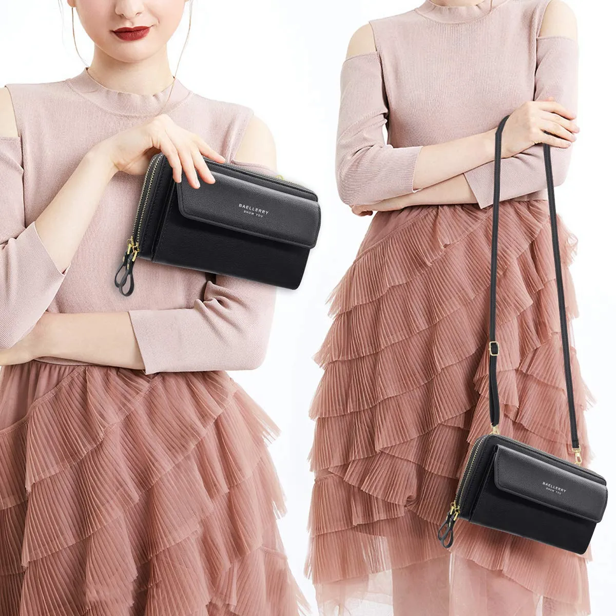 HNOOM Borsa per cellulare da donna, a portafoglio, in finta pelle, a tracolla, da donna, con tracolla, per telefono, con porta carta, tracolla, nero, L, Elegante - immagine 2
