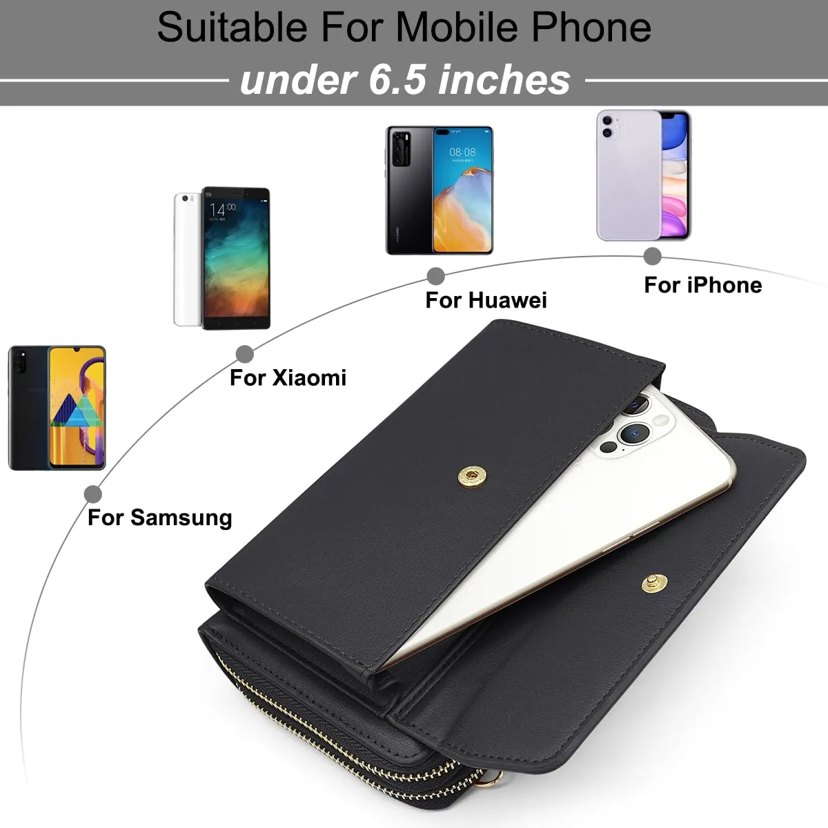 HNOOM Borsa per cellulare da donna, a portafoglio, in finta pelle, a tracolla, da donna, con tracolla, per telefono, con porta carta, tracolla, nero, L, Elegante - immagine 3