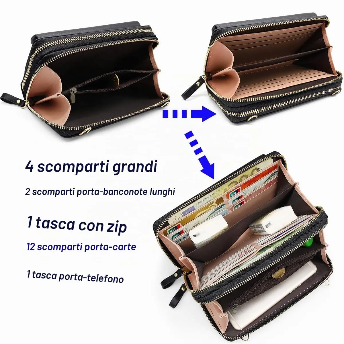HNOOM Borsa per cellulare da donna, a portafoglio, in finta pelle, a tracolla, da donna, con tracolla, per telefono, con porta carta, tracolla, nero, L, Elegante - immagine 4