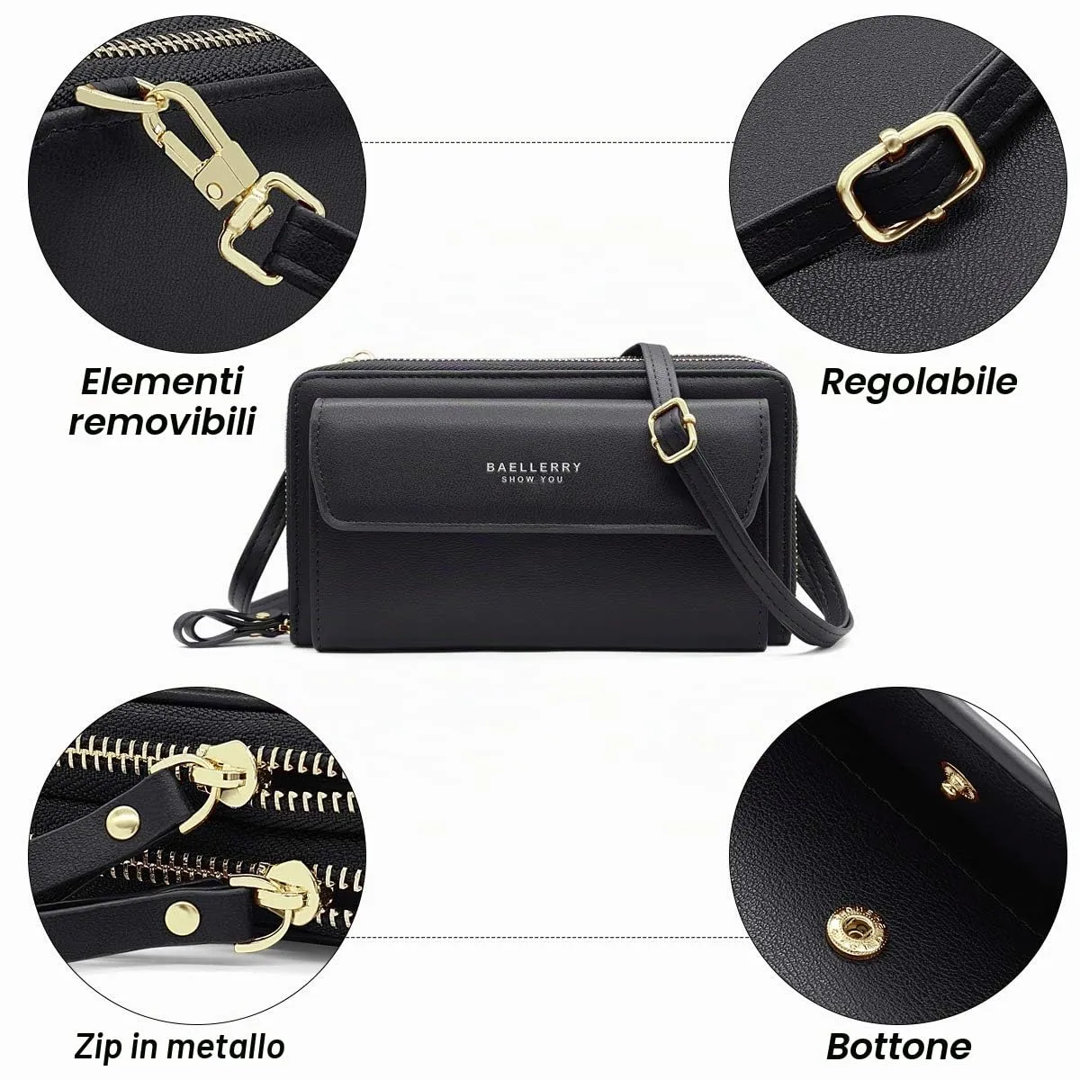 HNOOM Borsa per cellulare da donna, a portafoglio, in finta pelle, a tracolla, da donna, con tracolla, per telefono, con porta carta, tracolla, nero, L, Elegante - immagine 5