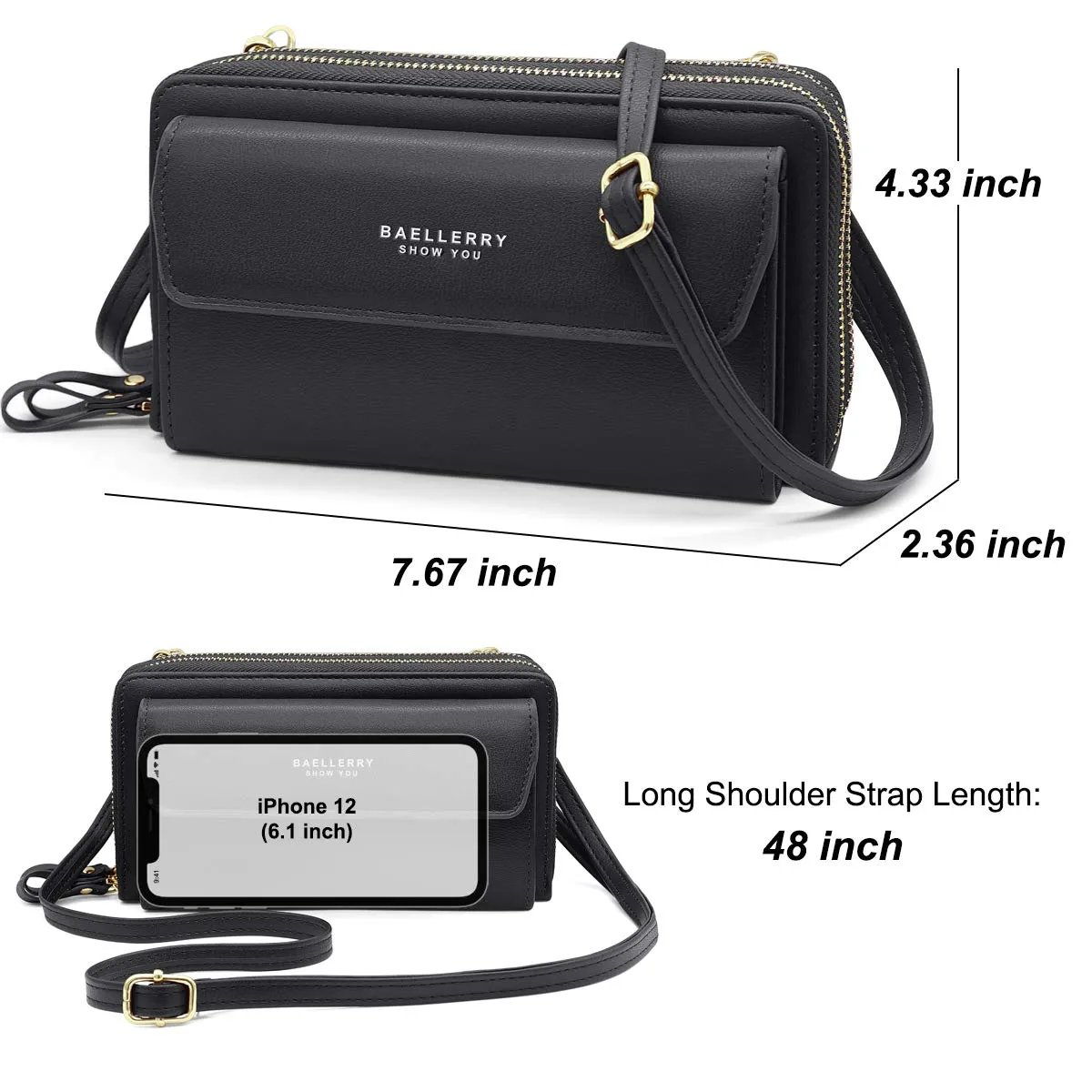 HNOOM Borsa per cellulare da donna, a portafoglio, in finta pelle, a tracolla, da donna, con tracolla, per telefono, con porta carta, tracolla, nero, L, Elegante - immagine 6