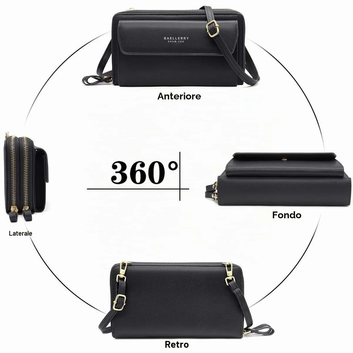 HNOOM Borsa per cellulare da donna, a portafoglio, in finta pelle, a tracolla, da donna, con tracolla, per telefono, con porta carta, tracolla, nero, L, Elegante - immagine 7
