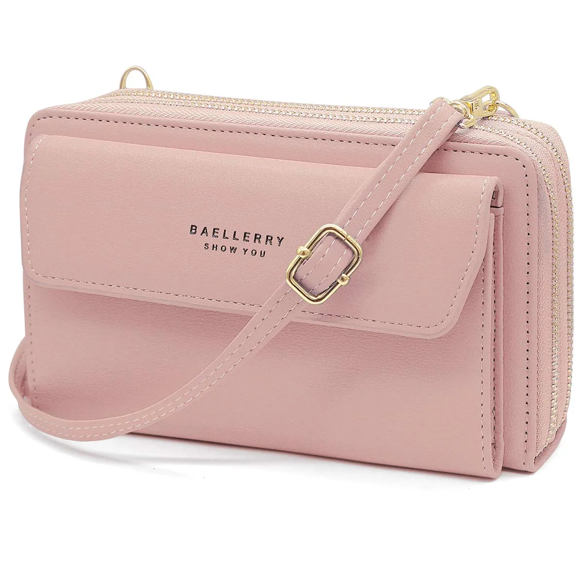 HNOOM Borsa a Tracolla per Cellulare Portafoglio Donna con Doppia Cerniera - Piccola Borsa a Spalla Grande Capacità Porta Monete con Tracolla (Rosa) - immagine 1