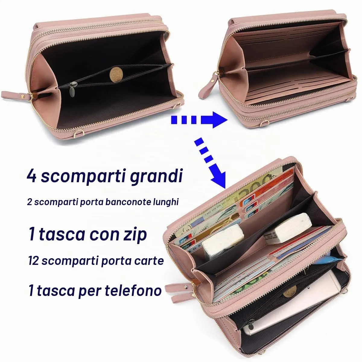 HNOOM Borsa a Tracolla per Cellulare Portafoglio Donna con Doppia Cerniera - Piccola Borsa a Spalla Grande Capacità Porta Monete con Tracolla (Rosa) - immagine 4