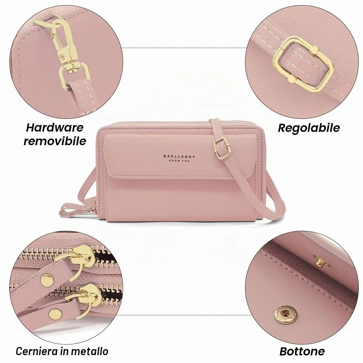 HNOOM Borsa a Tracolla per Cellulare Portafoglio Donna con Doppia Cerniera - Piccola Borsa a Spalla Grande Capacità Porta Monete con Tracolla (Rosa) - immagine 5