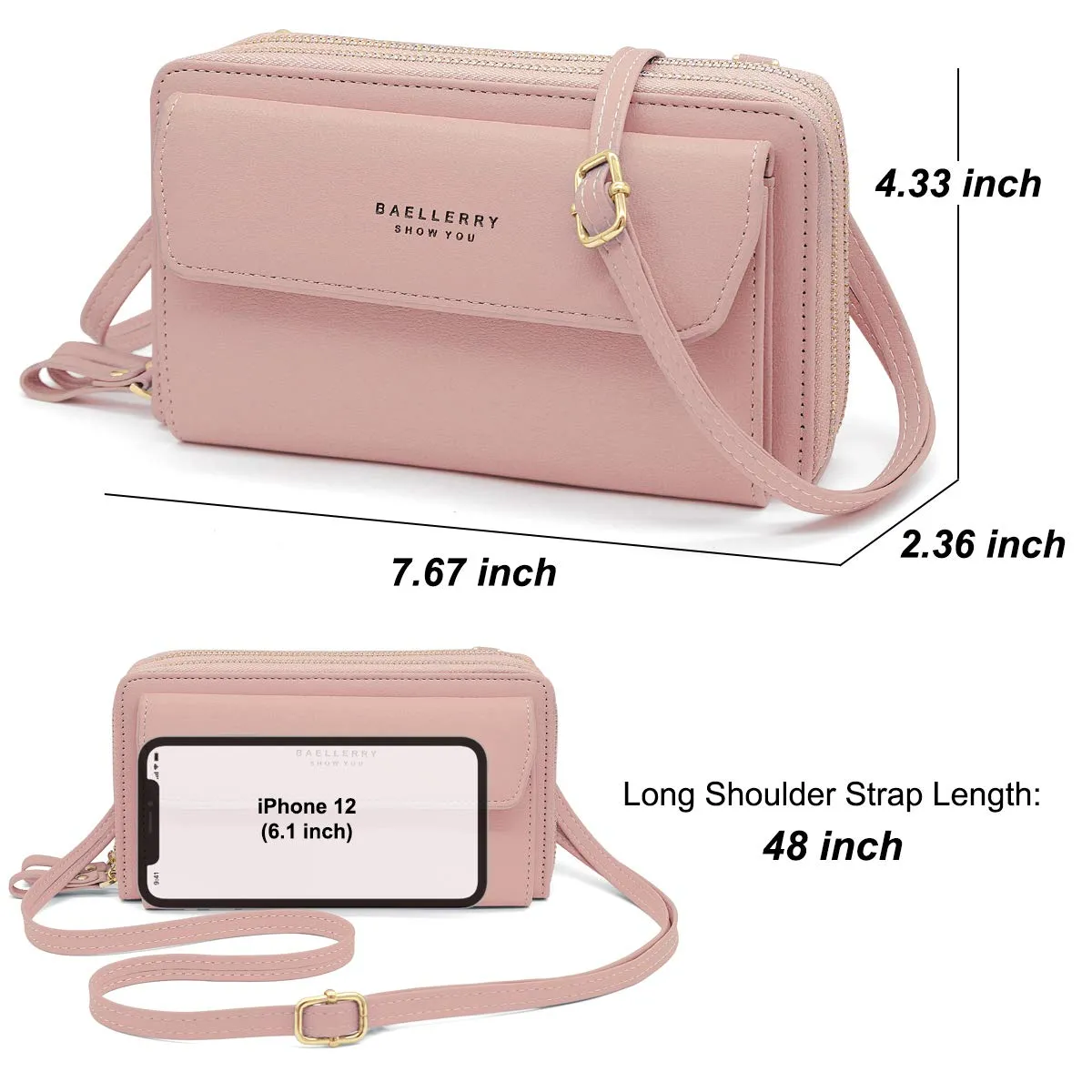 HNOOM Borsa a Tracolla per Cellulare Portafoglio Donna con Doppia Cerniera - Piccola Borsa a Spalla Grande Capacità Porta Monete con Tracolla (Rosa) - immagine 6