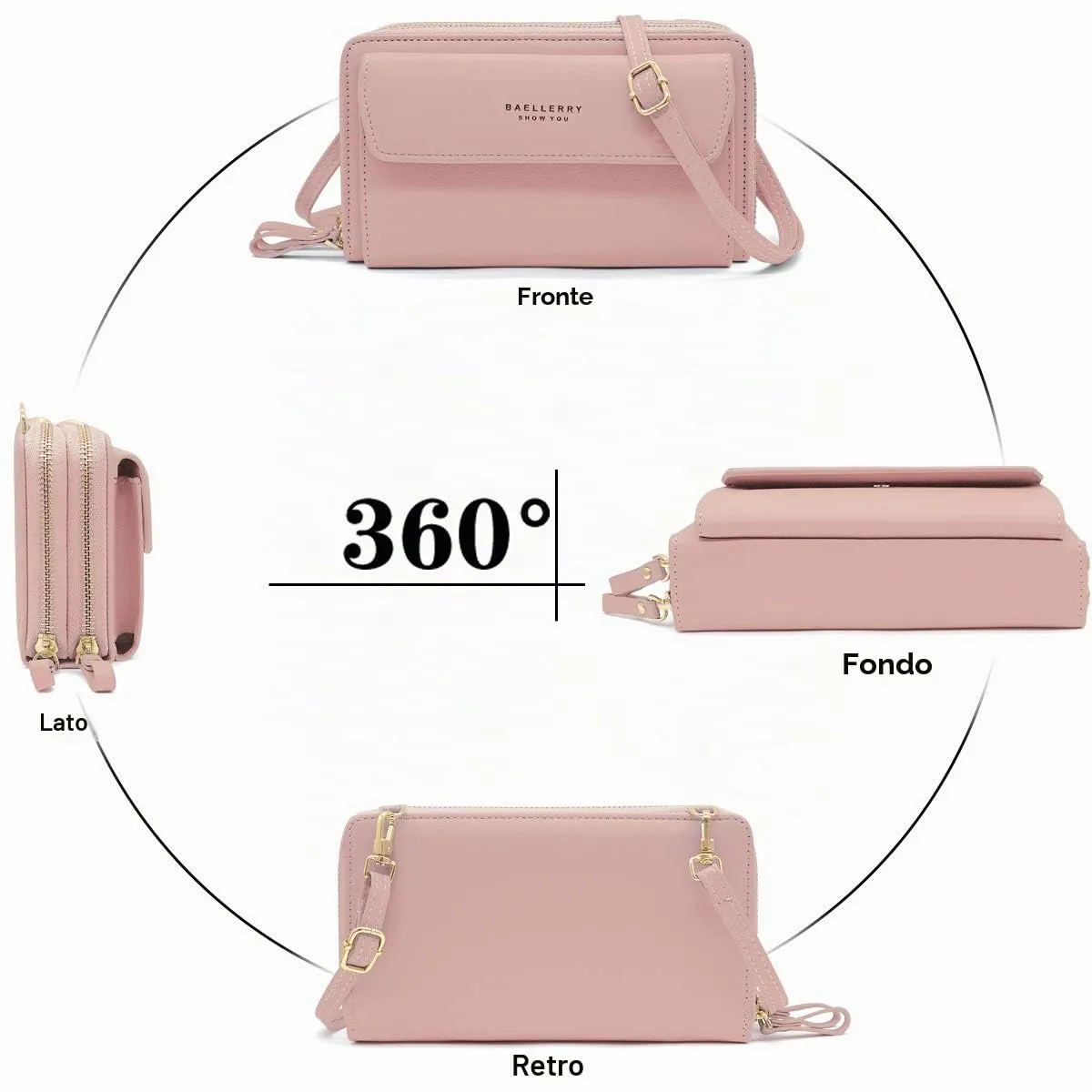 HNOOM Borsa a Tracolla per Cellulare Portafoglio Donna con Doppia Cerniera - Piccola Borsa a Spalla Grande Capacità Porta Monete con Tracolla (Rosa) - immagine 7
