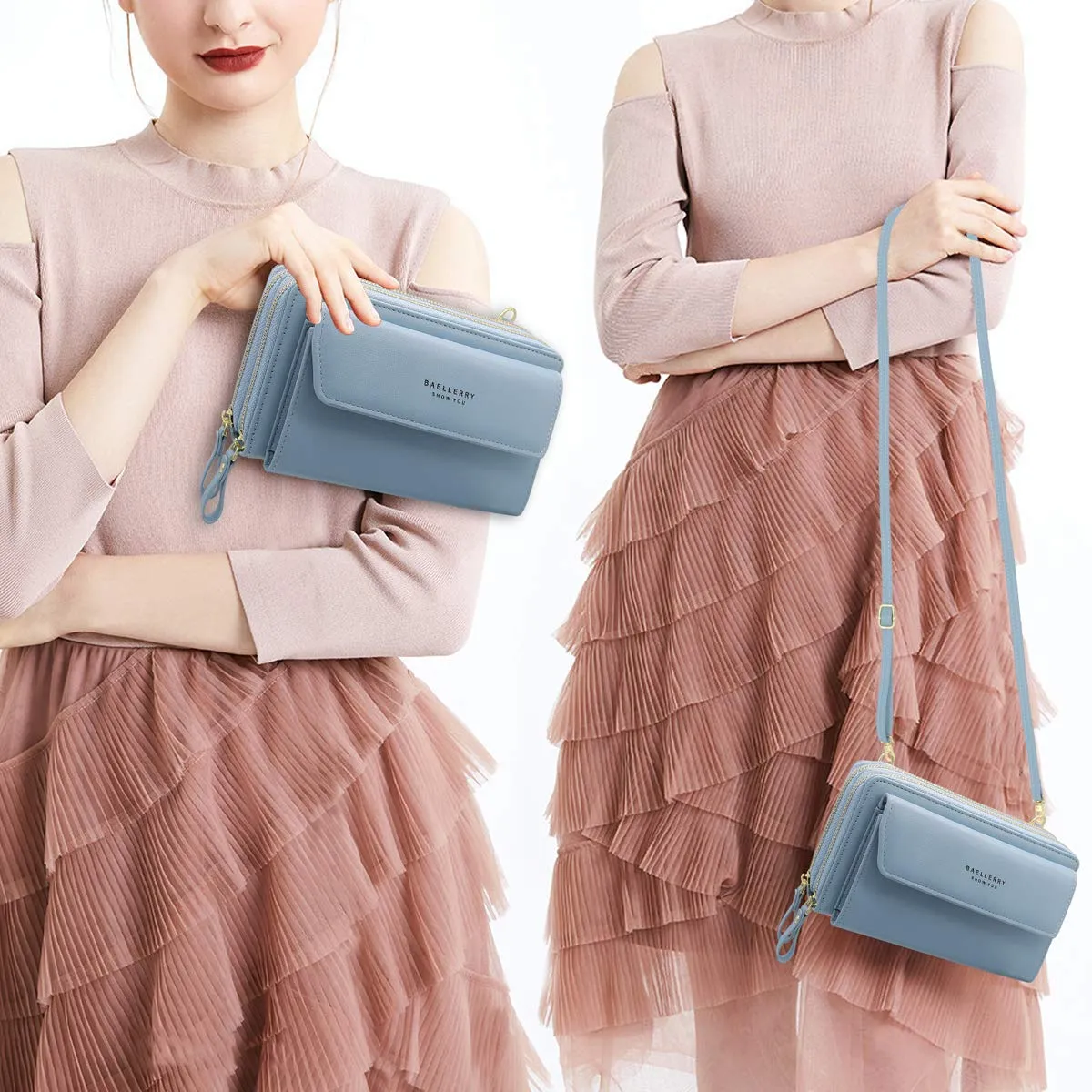 HNOOM Borsa a Tracolla per Cellulare Portafoglio Donna Doppia Cerniera Borsa Piccola Tracolla Donna Borse a Spalla Grande Capacità Porta Monete Portafoglio con Tracolla Borsa Porta Cellulare (Blu) - immagine 2