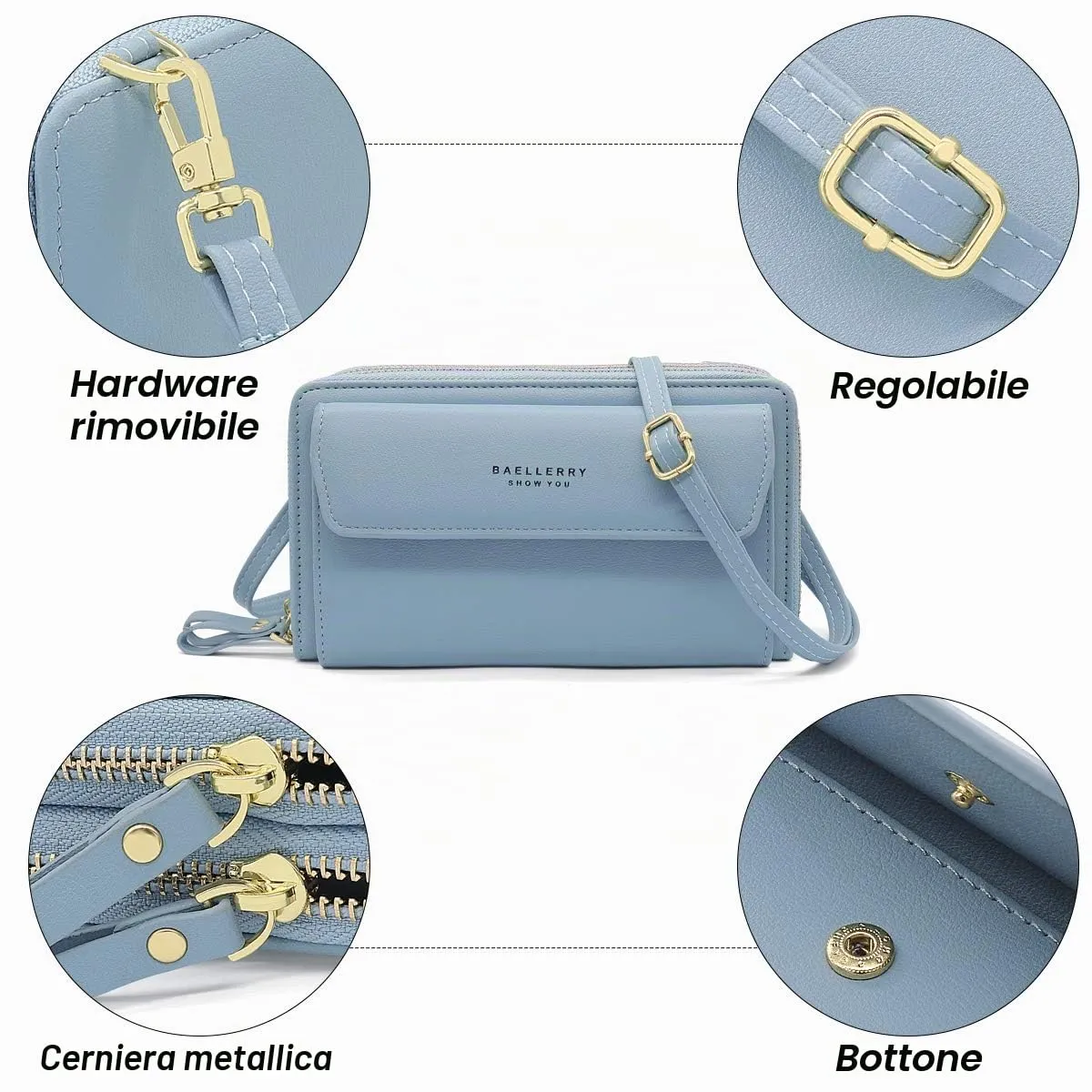 HNOOM Borsa a Tracolla per Cellulare Portafoglio Donna Doppia Cerniera Borsa Piccola Tracolla Donna Borse a Spalla Grande Capacità Porta Monete Portafoglio con Tracolla Borsa Porta Cellulare (Blu) - immagine 5