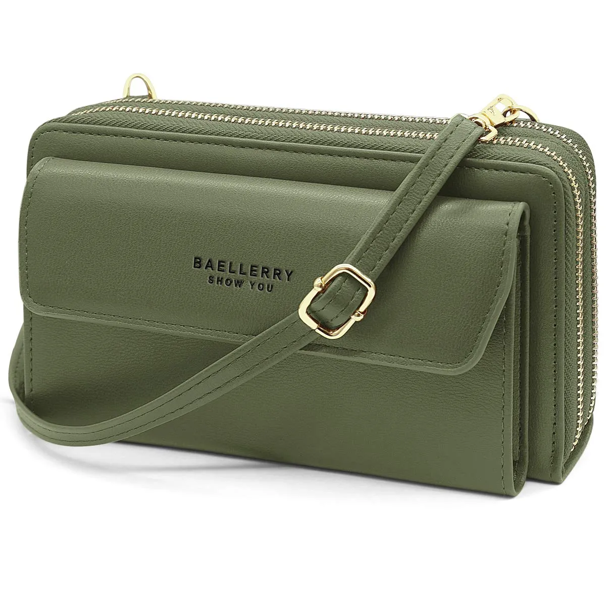 HNOOM Borsa a Tracolla per Cellulare Donna con Doppia Cerniera - Portafoglio Piccolo a Spalla Grande Capacità - Porta Monete con Tracolla (Verde) - immagine 1
