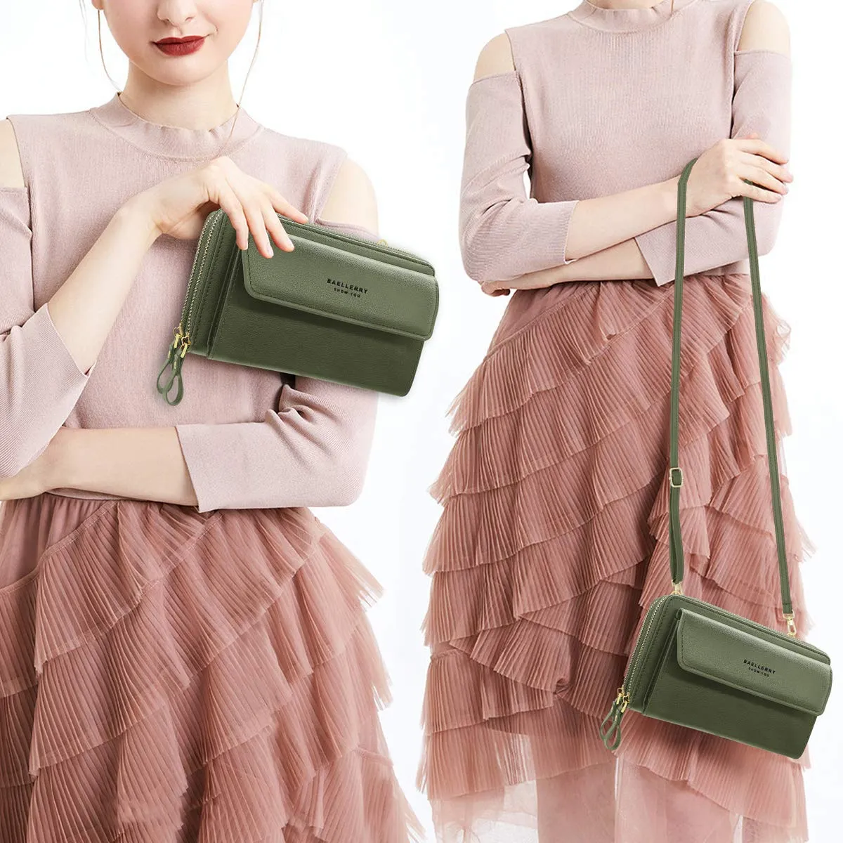 HNOOM Borsa a Tracolla per Cellulare Donna con Doppia Cerniera - Portafoglio Piccolo a Spalla Grande Capacità - Porta Monete con Tracolla (Verde) - immagine 2