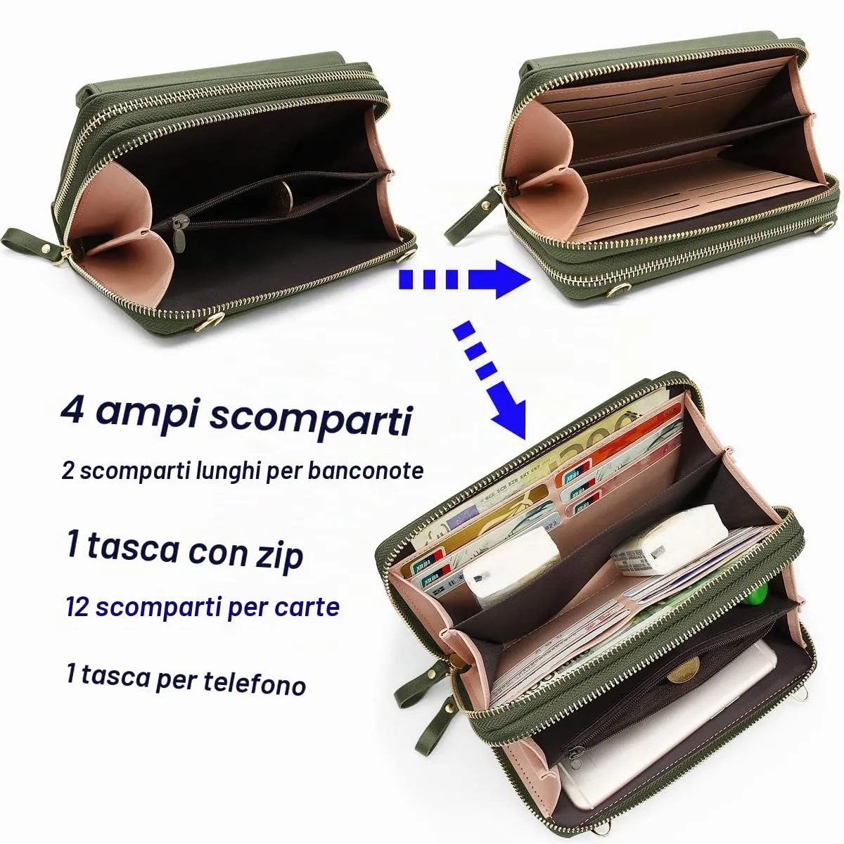 HNOOM Borsa a Tracolla per Cellulare Donna con Doppia Cerniera - Portafoglio Piccolo a Spalla Grande Capacità - Porta Monete con Tracolla (Verde) - immagine 4