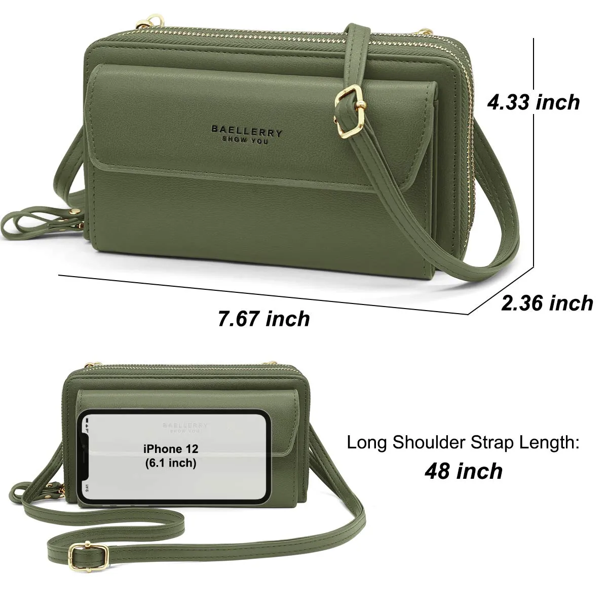 HNOOM Borsa a Tracolla per Cellulare Donna con Doppia Cerniera - Portafoglio Piccolo a Spalla Grande Capacità - Porta Monete con Tracolla (Verde) - immagine 6