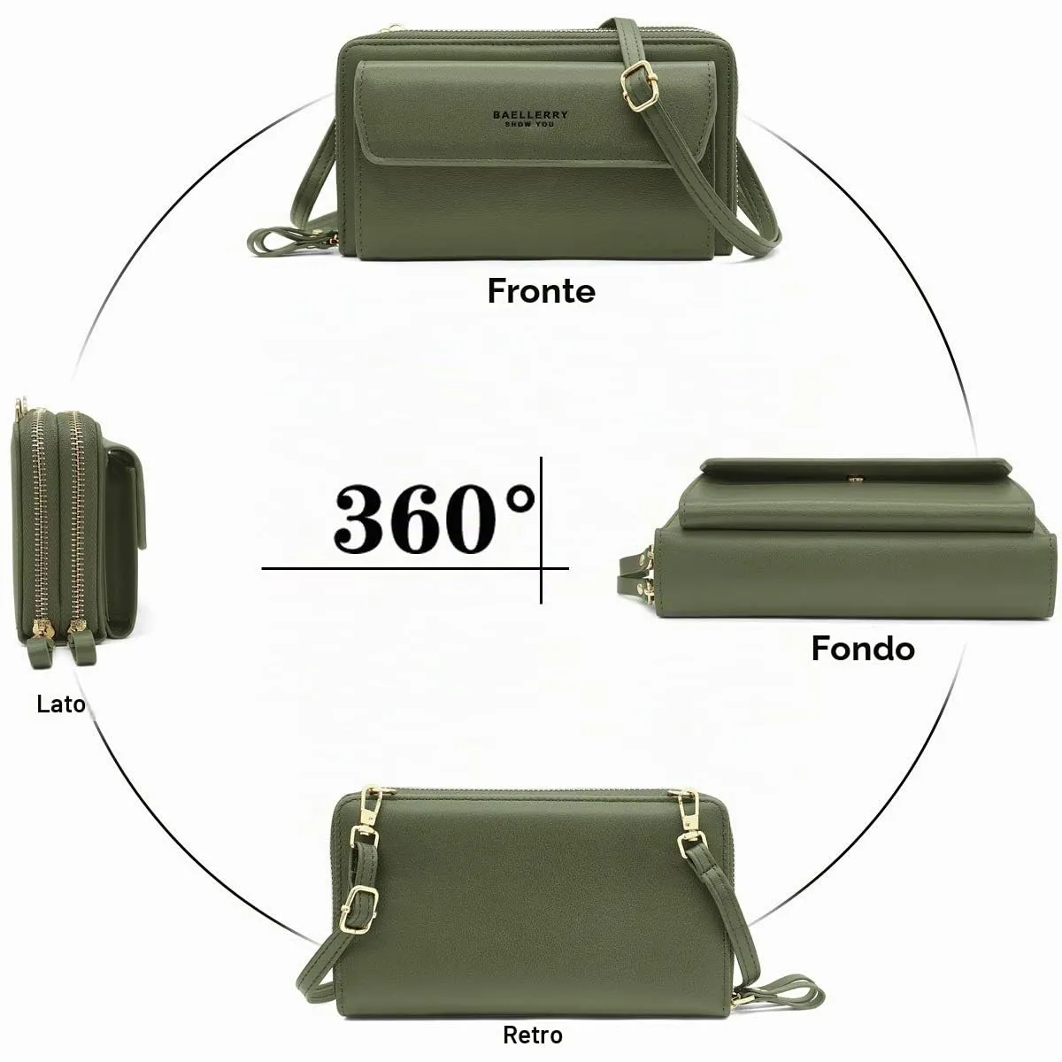 HNOOM Borsa a Tracolla per Cellulare Donna con Doppia Cerniera - Portafoglio Piccolo a Spalla Grande Capacità - Porta Monete con Tracolla (Verde) - immagine 7