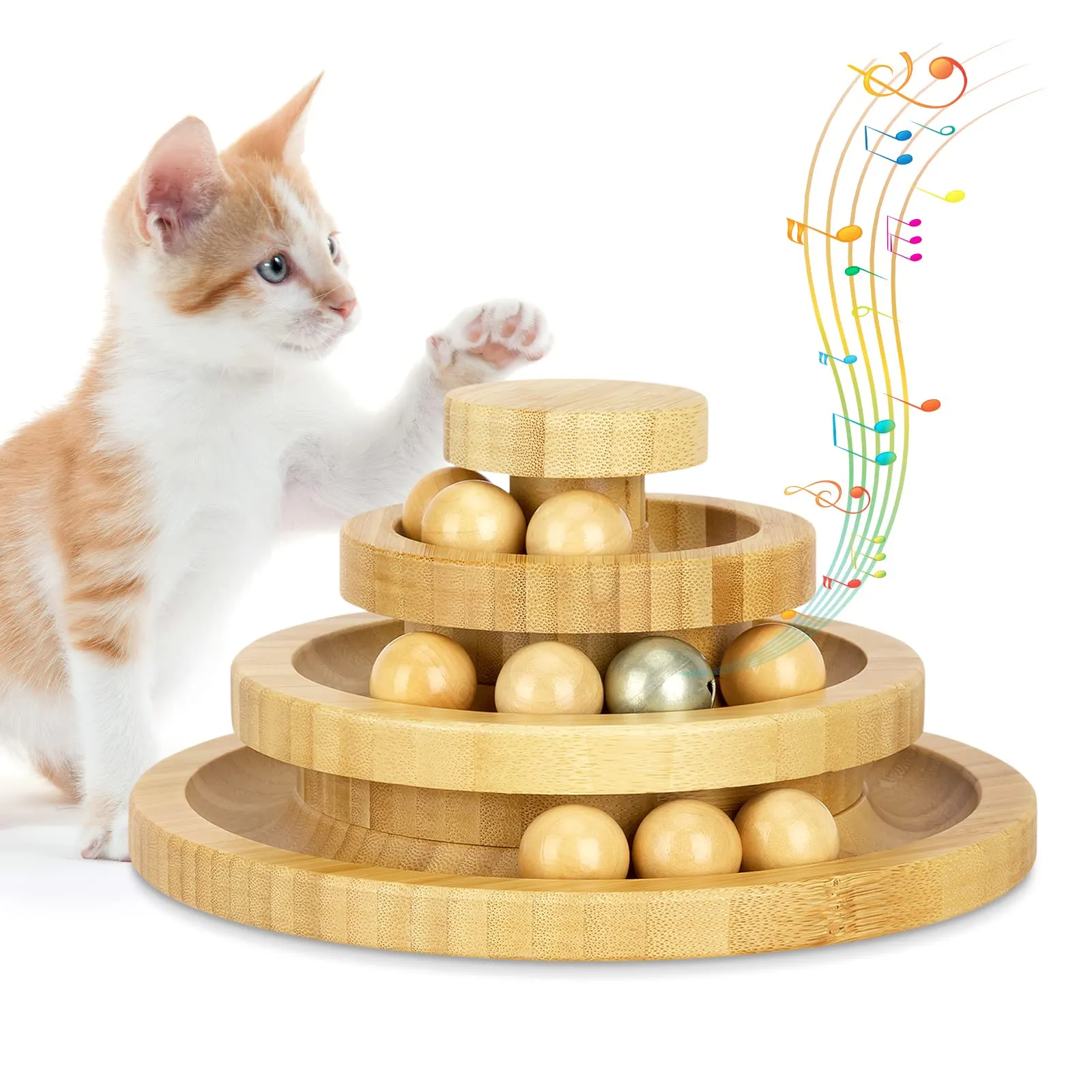 Tarnel Gioco interattivo per gatti in legno, girevole a due strati Ruota a dondolo Smart Track Ball Regali Giradischi per gatti (di legno 3) - immagine 1