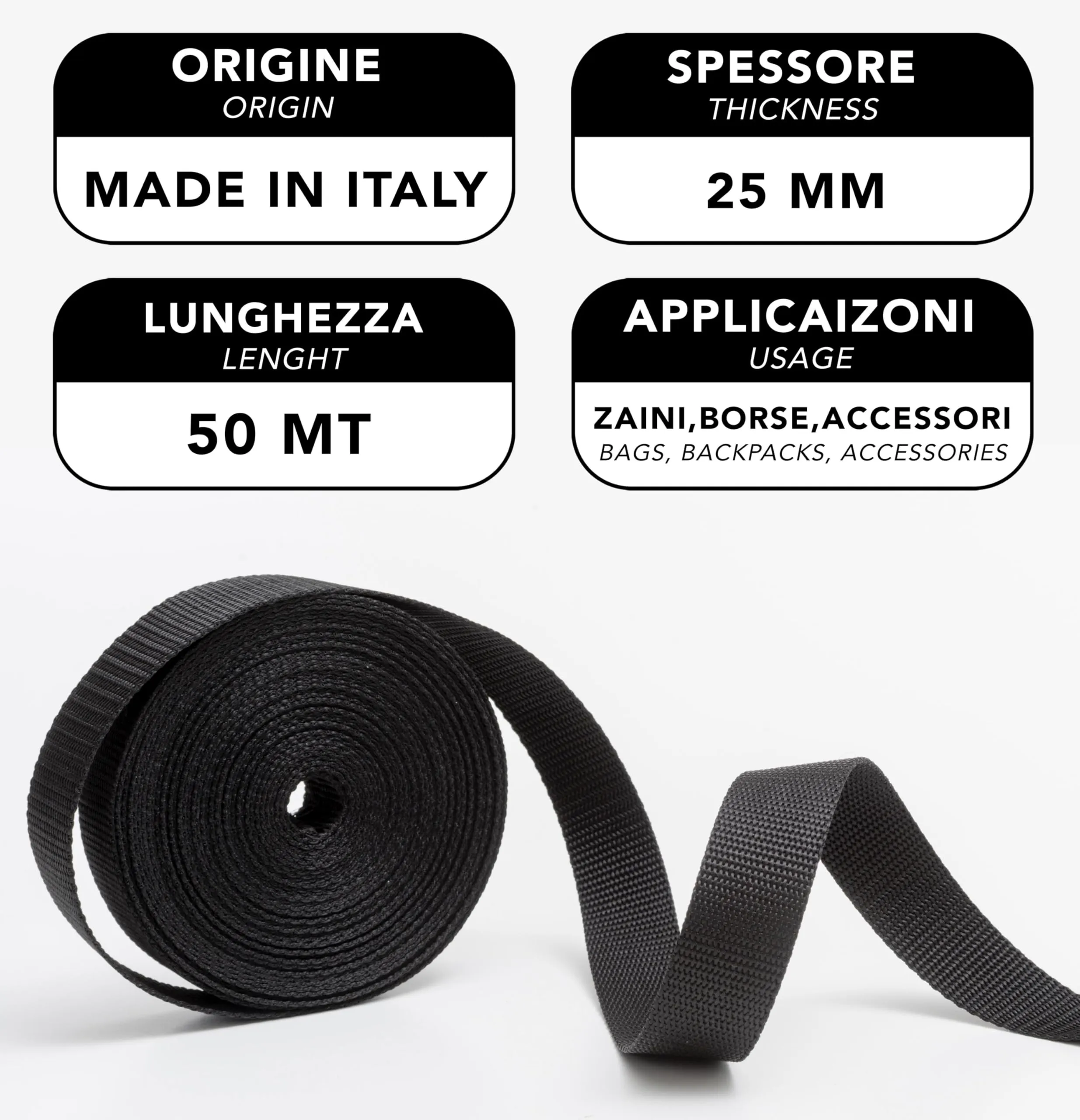 IPEA Cinghia Rigida in Nylon per Zaino e Borse – 10 Metri di Lunghezza – Corda Cinturino Multiuso per Cucito, Sport, Bagagli, Fai da Te – Misure 20/25 / 30/40 mm – Nero – 2,5 CM - immagine 3
