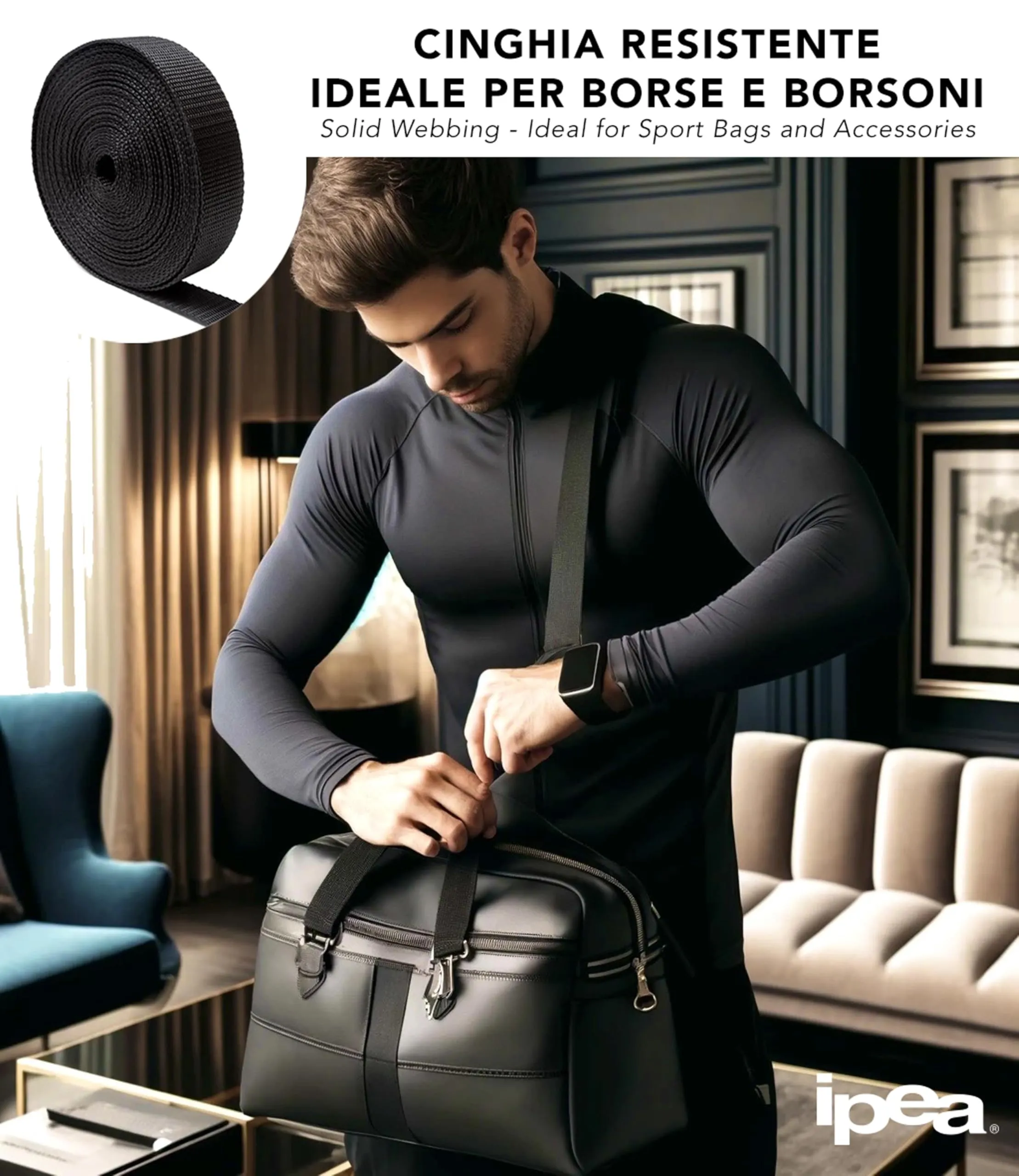 IPEA Cinghia Rigida in Nylon per Zaino e Borse – 10 Metri di Lunghezza – Corda Cinturino Multiuso per Cucito, Sport, Bagagli, Fai da Te – Misure 20/25 / 30/40 mm – Nero – 2 CM - immagine 4