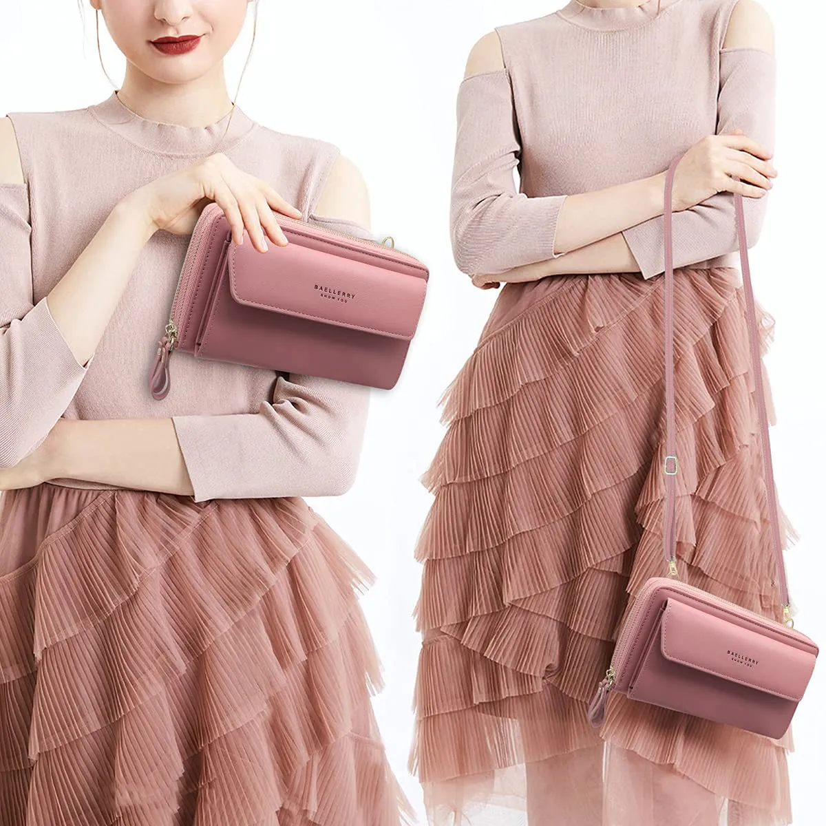 HNOOM Borsa per cellulare da donna, a portafoglio, in pelle PU, a tracolla, da donna, con tracolla, per telefono, con porta carta, tracolla, Viola-1, L, Elegante - immagine 2