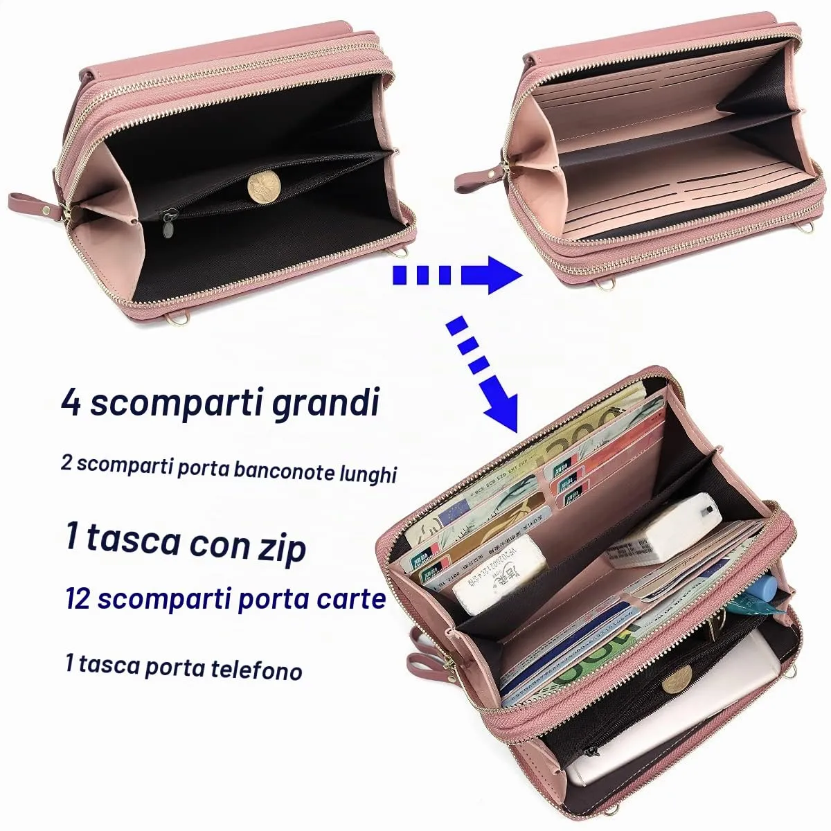HNOOM Borsa per cellulare da donna, a portafoglio, in pelle PU, a tracolla, da donna, con tracolla, per telefono, con porta carta, tracolla, Viola-1, L, Elegante - immagine 4