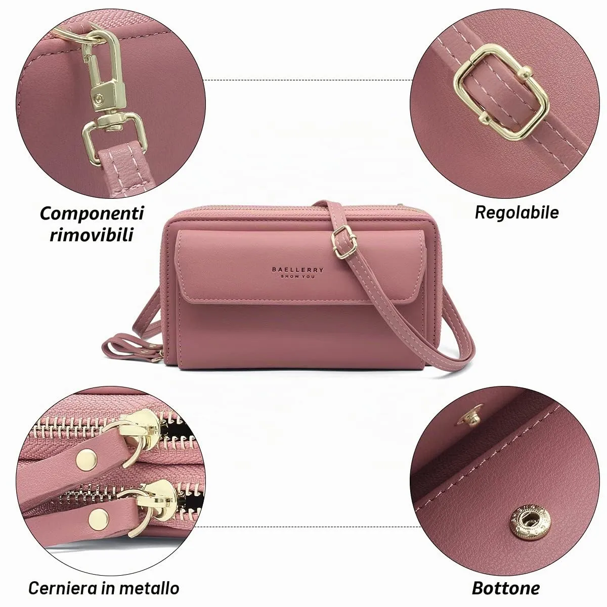 HNOOM Borsa per cellulare da donna, a portafoglio, in pelle PU, a tracolla, da donna, con tracolla, per telefono, con porta carta, tracolla, Viola-1, L, Elegante - immagine 6