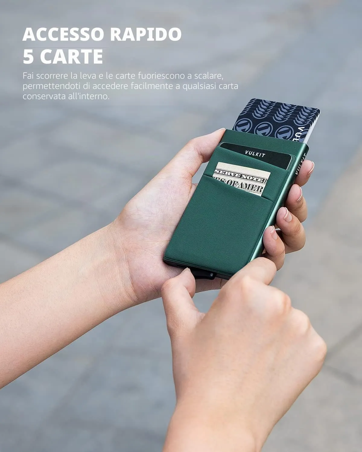 VULKIT Porta Carte di Credito Uomo o Donna Schermato RFID Pop-Up Portafoglio Uomo Slim Porta Tessere Metallo Rigido con Tasca Elastica, Verde Oliva - immagine 2