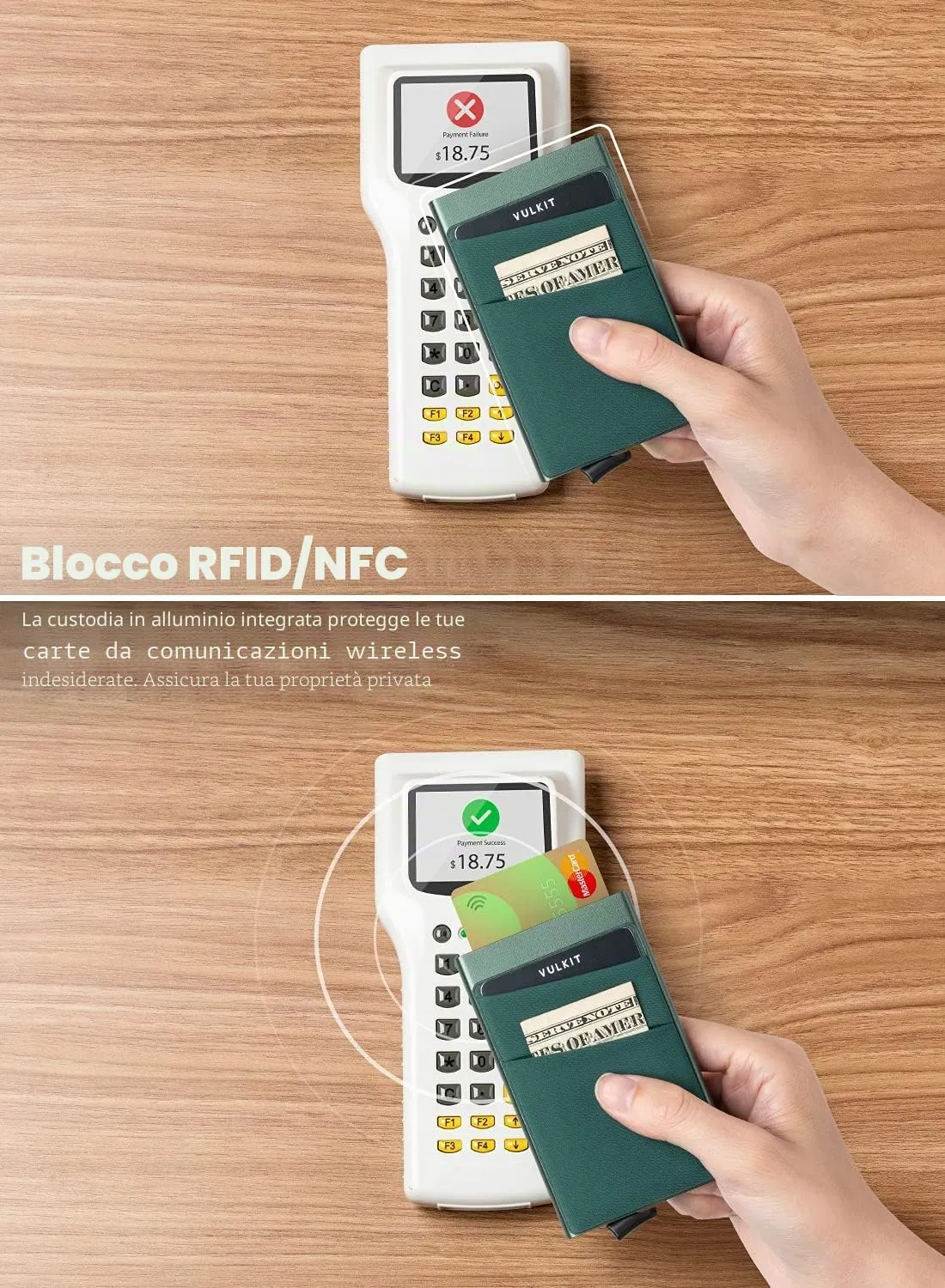VULKIT Porta Carte di Credito Uomo o Donna Schermato RFID Pop-Up Portafoglio Uomo Slim Porta Tessere Metallo Rigido con Tasca Elastica, Verde Oliva - immagine 3