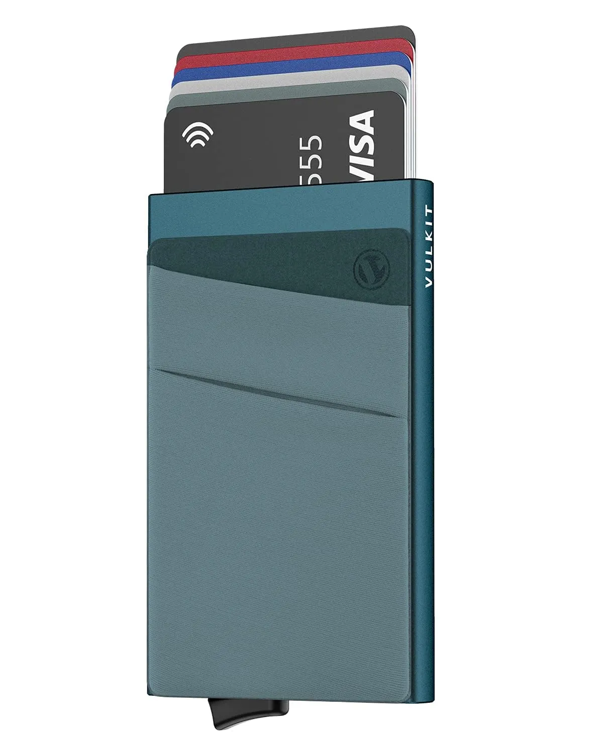 VULKIT Porta Carte di Credito Uomo o Donna Schermato RFID Pop-Up Portafoglio Uomo Slim Porta Tessere Metallo Rigido con Tasca Elastica, Verde Smeraldo - immagine 1