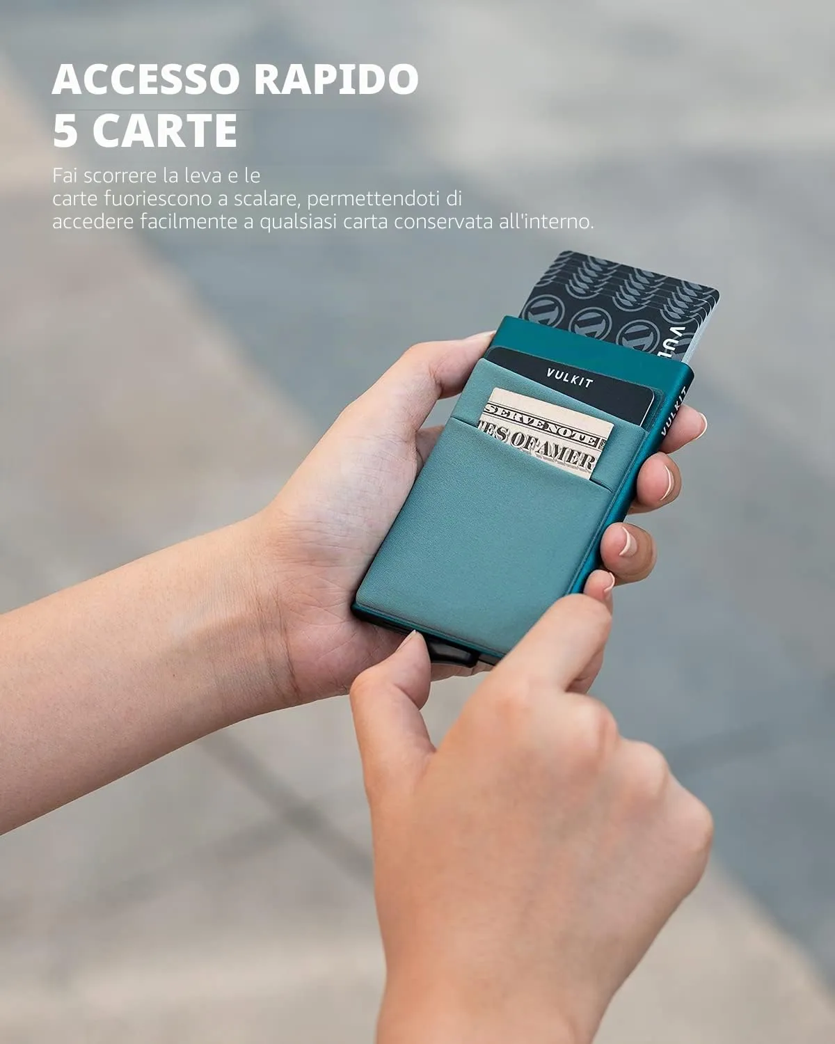 VULKIT Porta Carte di Credito Uomo o Donna Schermato RFID Pop-Up Portafoglio Uomo Slim Porta Tessere Metallo Rigido con Tasca Elastica, Verde Smeraldo - immagine 2