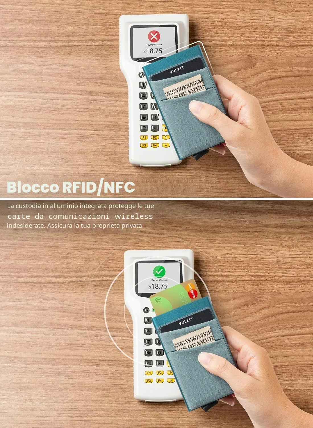 VULKIT Porta Carte di Credito Uomo o Donna Schermato RFID Pop-Up Portafoglio Uomo Slim Porta Tessere Metallo Rigido con Tasca Elastica, Verde Smeraldo - immagine 3