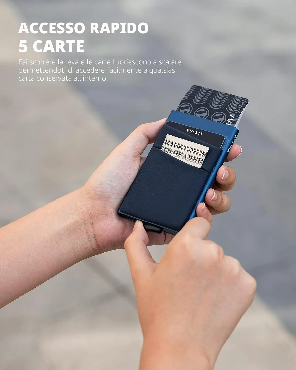 VULKIT Porta Carte di Credito Uomo o Donna Schermato RFID Pop-Up Portafoglio Uomo Slim Porta Tessere Metallo Rigido con Tasca Elastica, Indaco - immagine 2