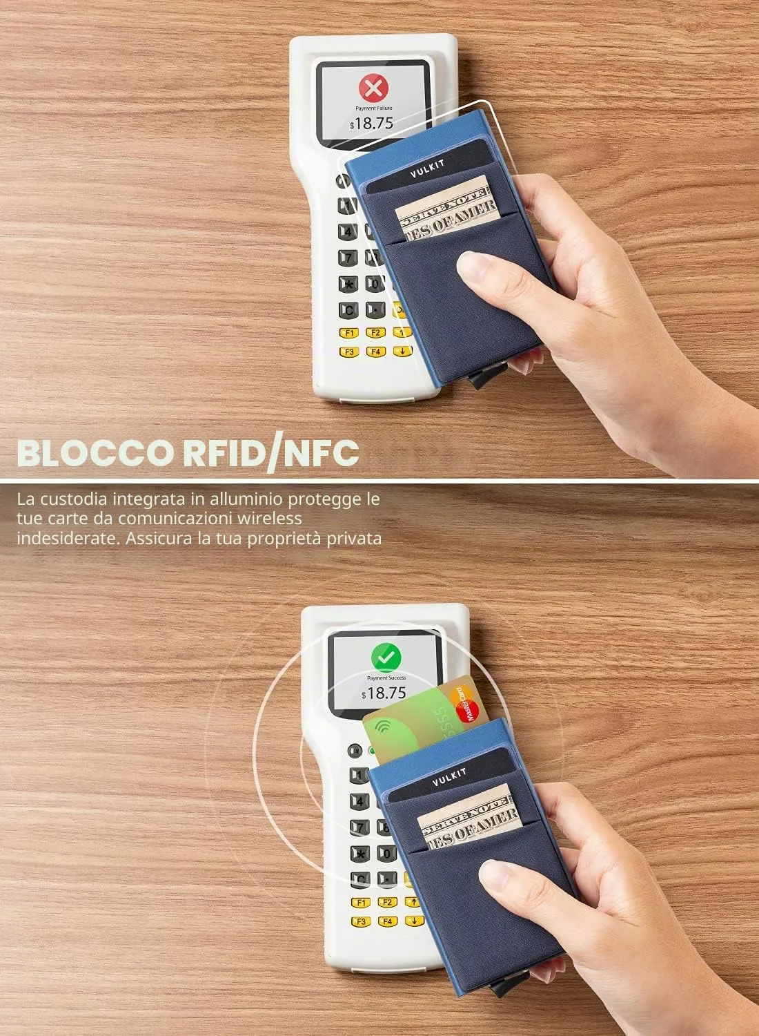 VULKIT Porta Carte di Credito Uomo o Donna Schermato RFID Pop-Up Portafoglio Uomo Slim Porta Tessere Metallo Rigido con Tasca Elastica, Indaco - immagine 3