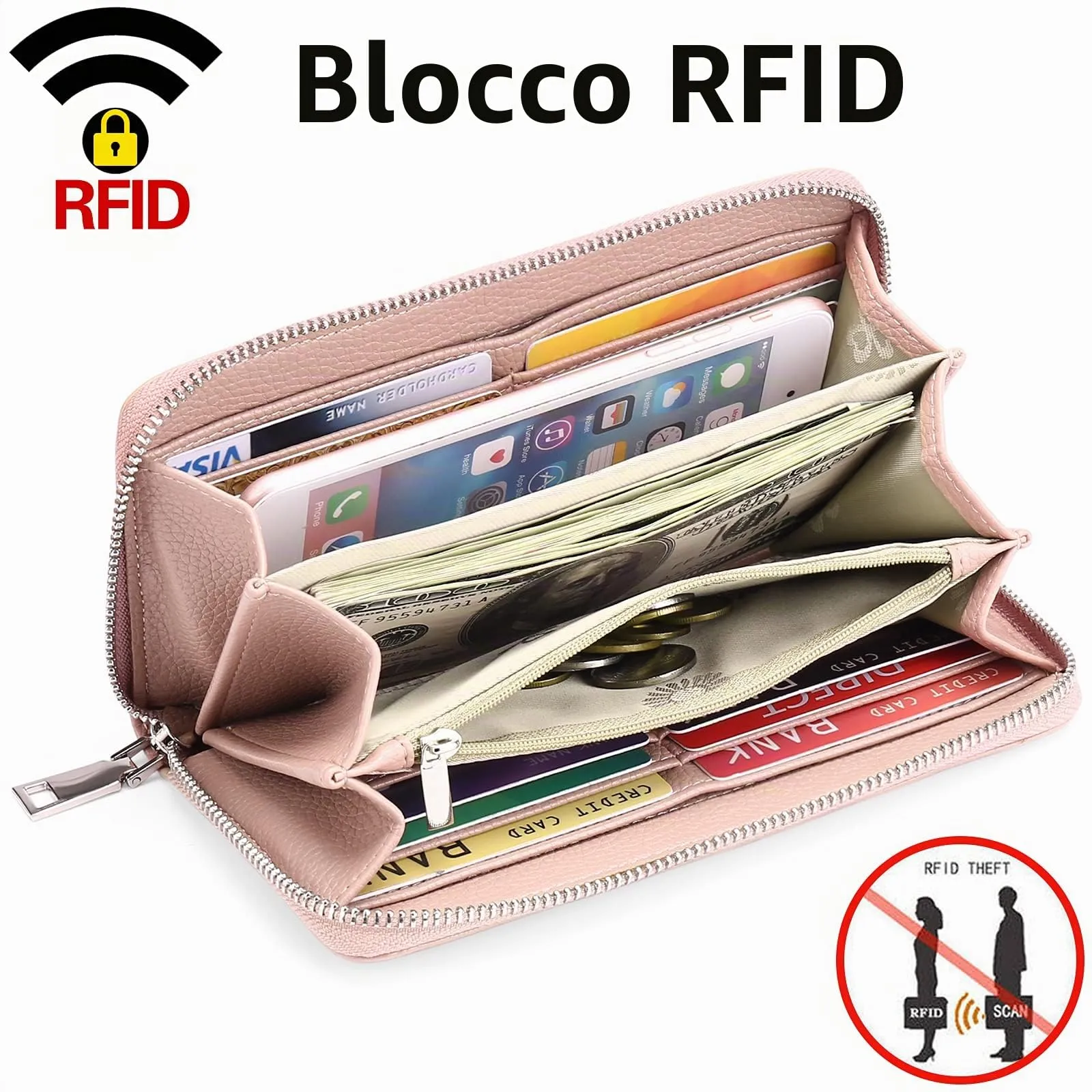 GOIACII Portafoglio Donna Lungo in Pelle Con Blocco RFID, Cerniera, Grande Capacità per Telefono, Tanti Scomparti e Portamonete - immagine 4