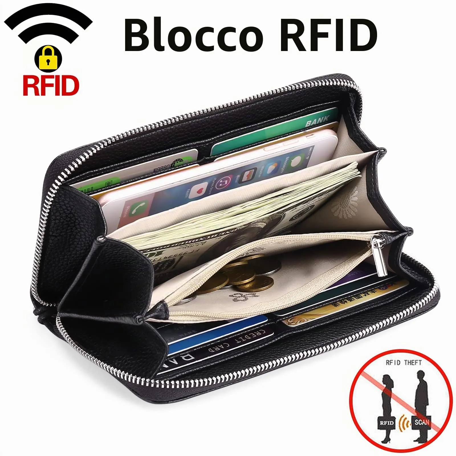 GOIACII Portafoglio Lungo da Donna in Pelle con Blocco RFID, Grande Capacità con Tanti Scomparti per Telefono e Portamonete - immagine 2