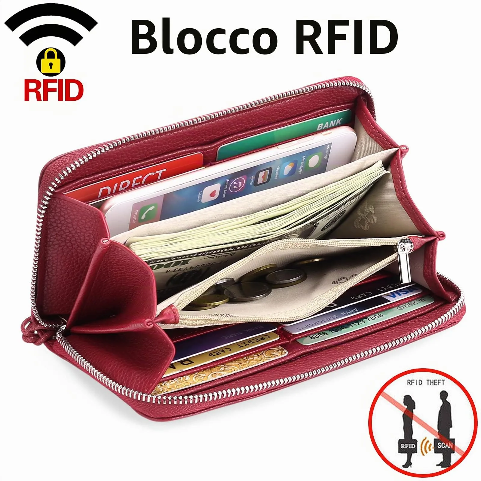 GOIACII Portafoglio Donna in Pelle con Blocco RFID, Lungo con Cerniera per Telefono Grande Capacità Tanti Scomparti Portamonete - immagine 4
