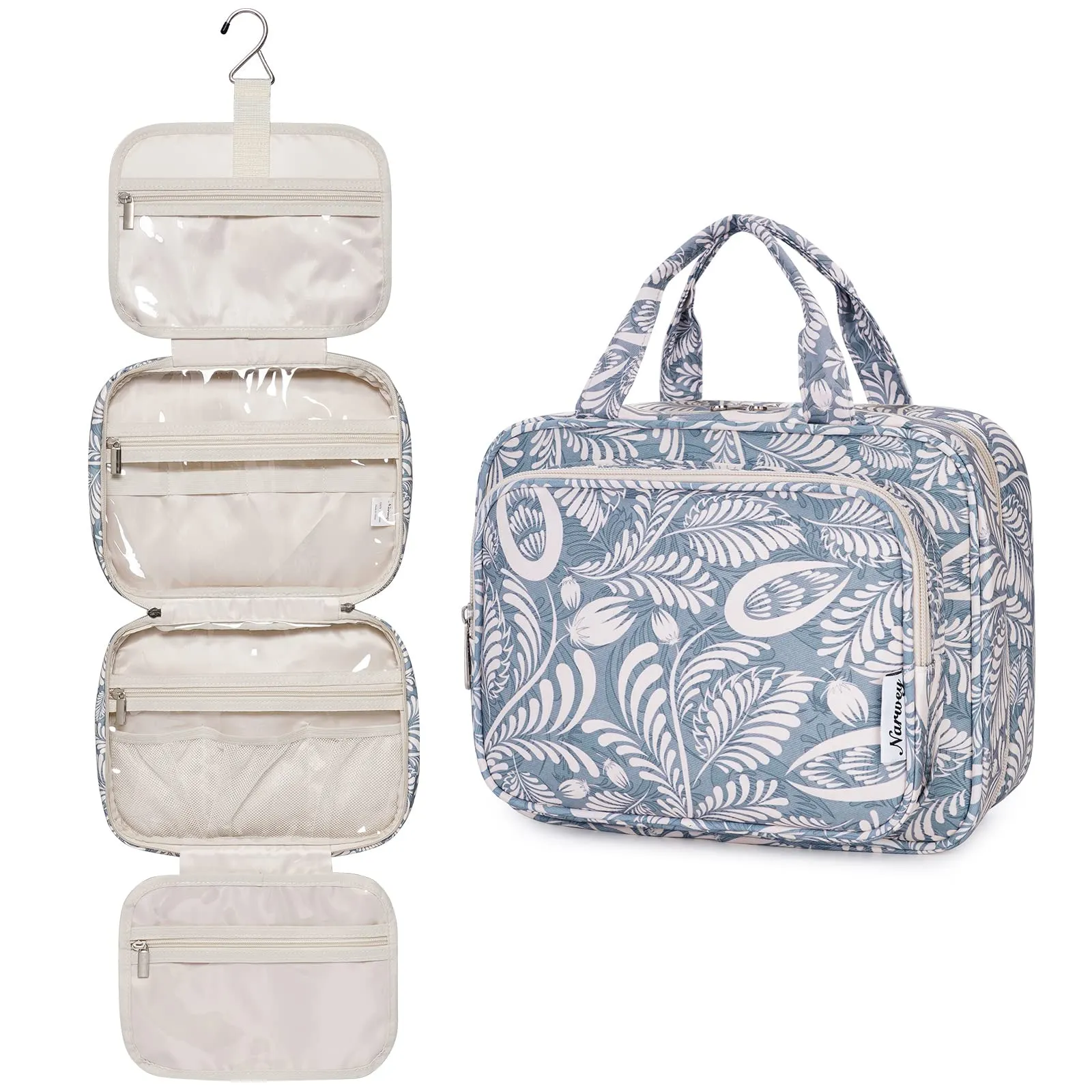 Narwey Beauty Case da Appendere Viaggio, Beauty Case da Appendere per Donna Uomo,Borsa da Toilette da Travel Kit Viaggio, Trousse Pochette Trucchi Donna per Viaggio (Foglie Blu (Medio)) - immagine 1
