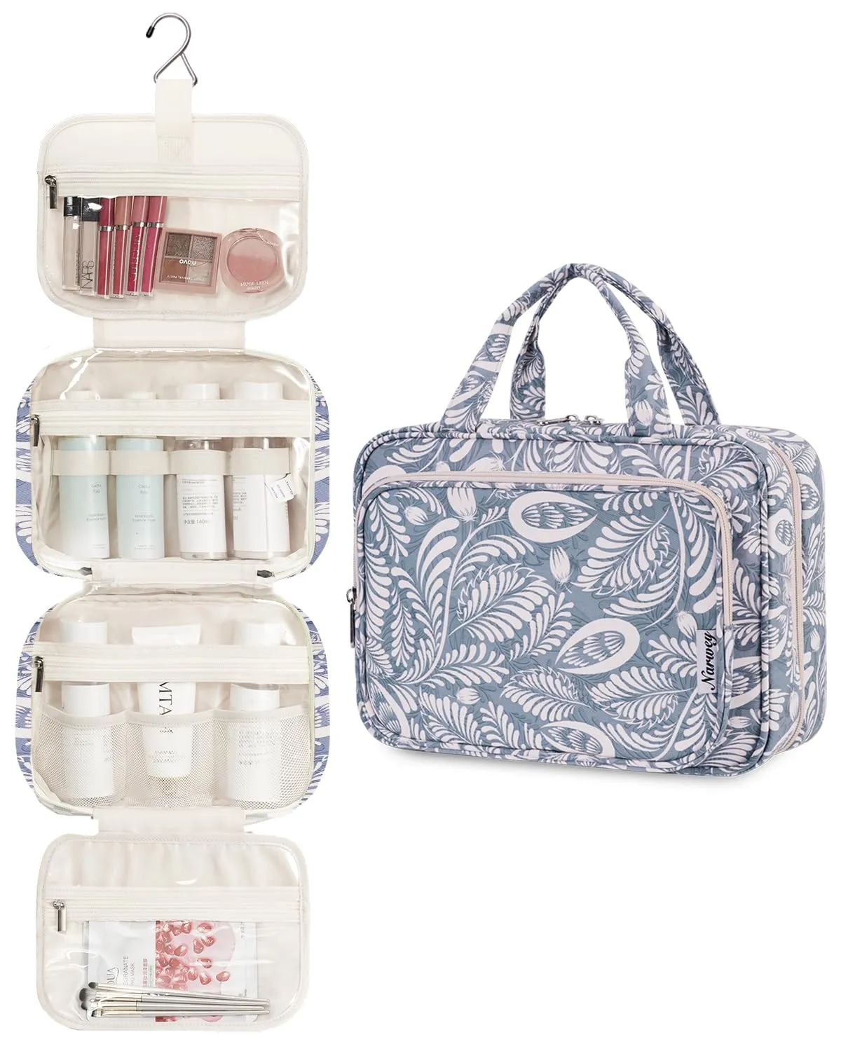 Narwey Beauty Case da Appendere Viaggio, Beauty Case da Appendere per Donna Uomo,Borsa da Toilette da Travel Kit Viaggio, Trousse Pochette Trucchi Donna per Viaggio (Foglie Blu (Medio)) - immagine 2