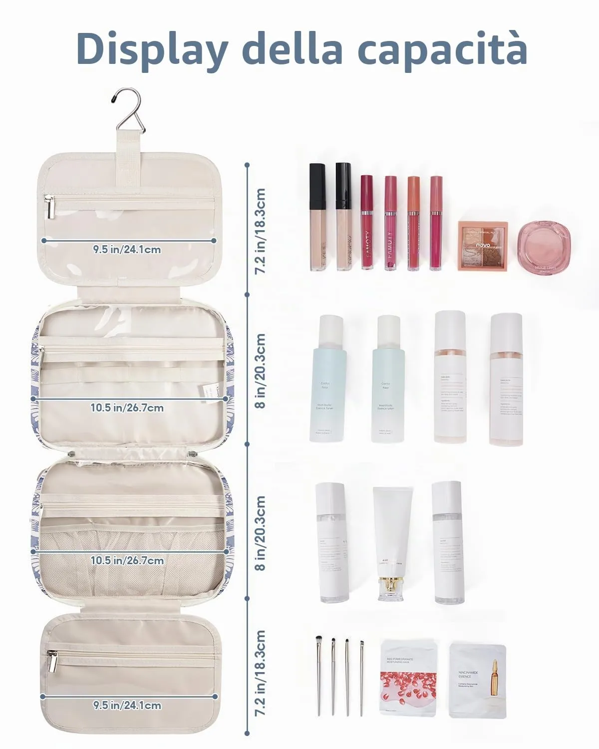 Narwey Beauty Case da Appendere Viaggio, Beauty Case da Appendere per Donna Uomo,Borsa da Toilette da Travel Kit Viaggio, Trousse Pochette Trucchi Donna per Viaggio (Foglie Blu (Medio)) - immagine 3