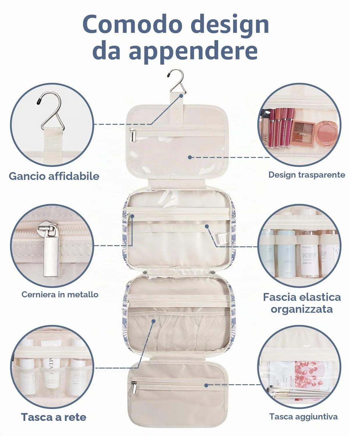 Narwey Beauty Case da Appendere Viaggio, Beauty Case da Appendere per Donna Uomo,Borsa da Toilette da Travel Kit Viaggio, Trousse Pochette Trucchi Donna per Viaggio (Foglie Blu (Medio)) - immagine 4
