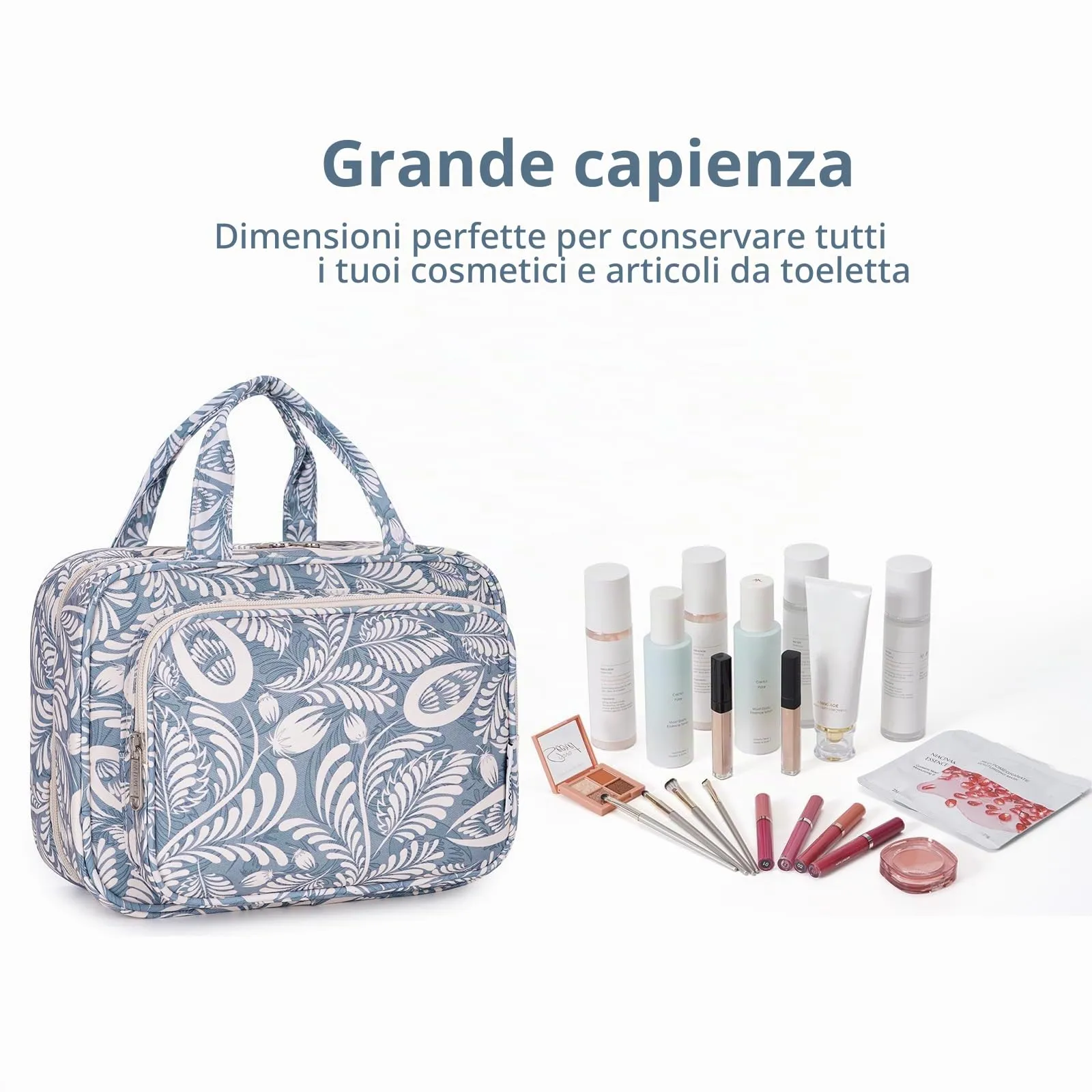 Narwey Beauty Case da Appendere Viaggio, Beauty Case da Appendere per Donna Uomo,Borsa da Toilette da Travel Kit Viaggio, Trousse Pochette Trucchi Donna per Viaggio (Foglie Blu (Medio)) - immagine 6