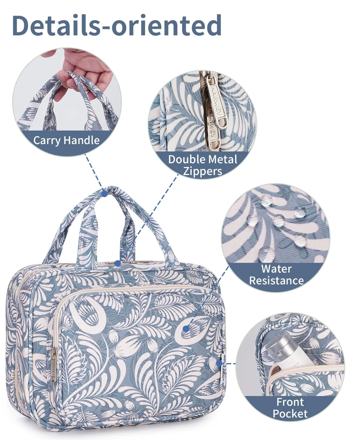 Narwey Beauty Case da Appendere Viaggio, Beauty Case da Appendere per Donna Uomo,Borsa da Toilette da Travel Kit Viaggio, Trousse Pochette Trucchi Donna per Viaggio (Foglie Blu (Medio)) - immagine 7
