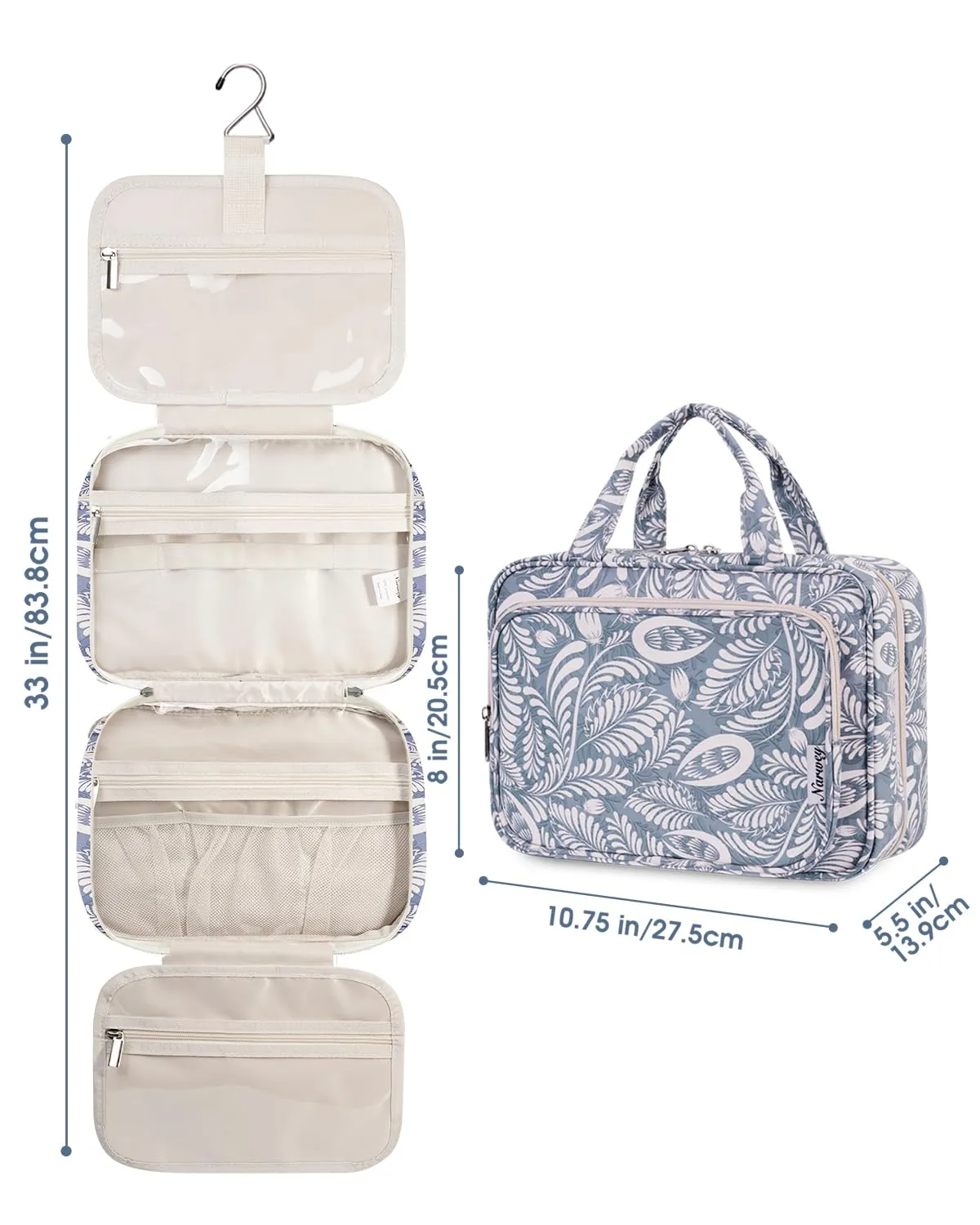 Narwey Beauty Case da Appendere Viaggio, Beauty Case da Appendere per Donna Uomo,Borsa da Toilette da Travel Kit Viaggio, Trousse Pochette Trucchi Donna per Viaggio (Foglie Blu (Medio)) - immagine 8