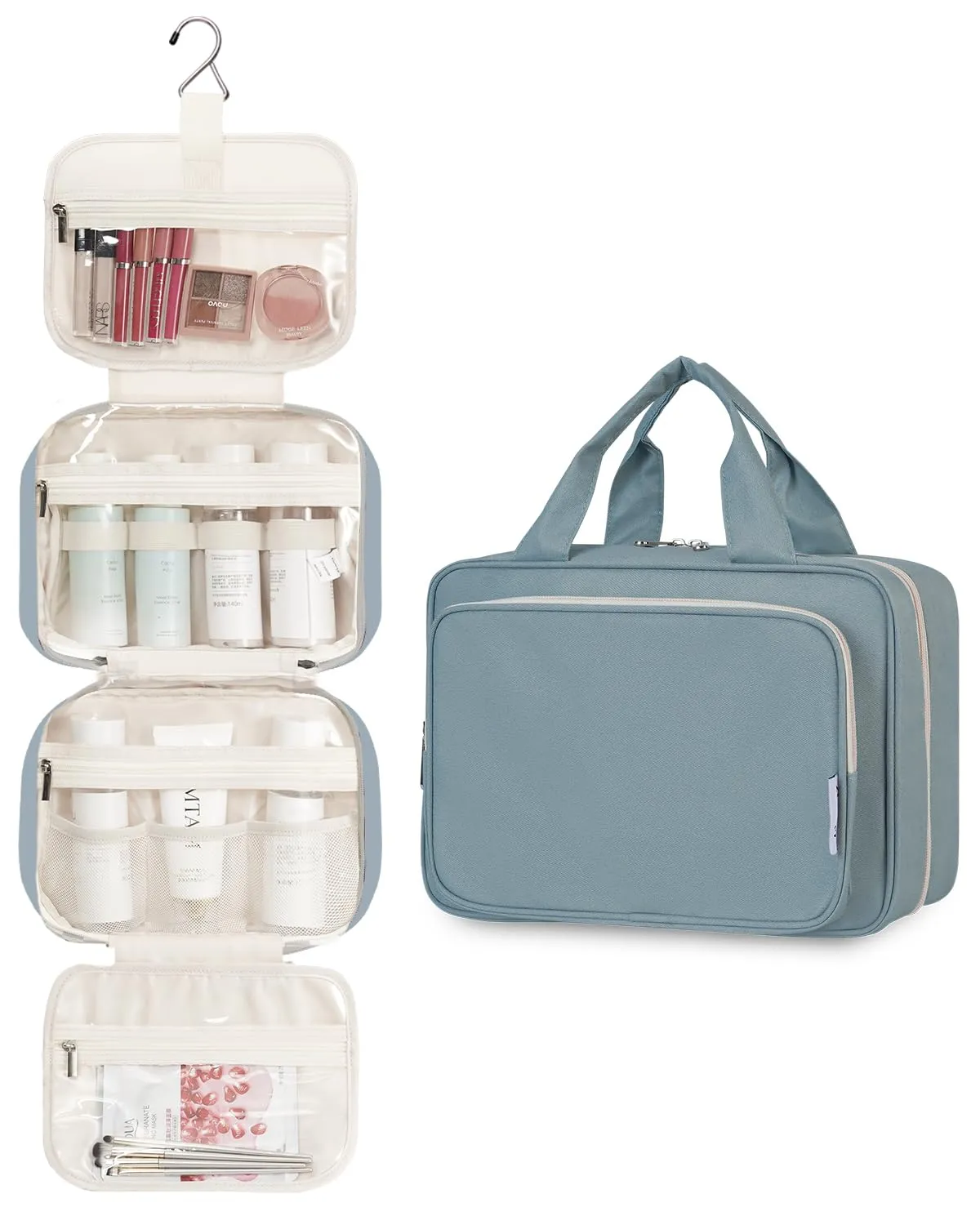 Narwey Beauty Case da Appendere Viaggio, Beauty Case da Appendere per Donna Uomo,Borsa da Toilette da Travel Kit Viaggio, Trousse Pochette Trucchi Donna per Viaggio (Blu Grigio (Medio)) - immagine 2