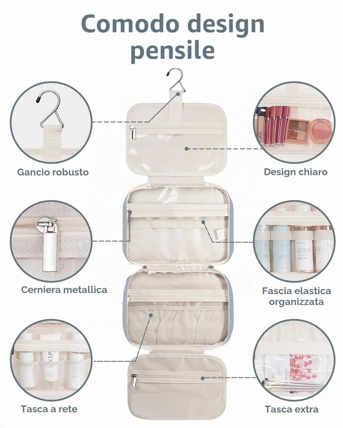 Narwey Beauty Case da Appendere Viaggio, Beauty Case da Appendere per Donna Uomo,Borsa da Toilette da Travel Kit Viaggio, Trousse Pochette Trucchi Donna per Viaggio (Blu Grigio (Medio)) - immagine 4