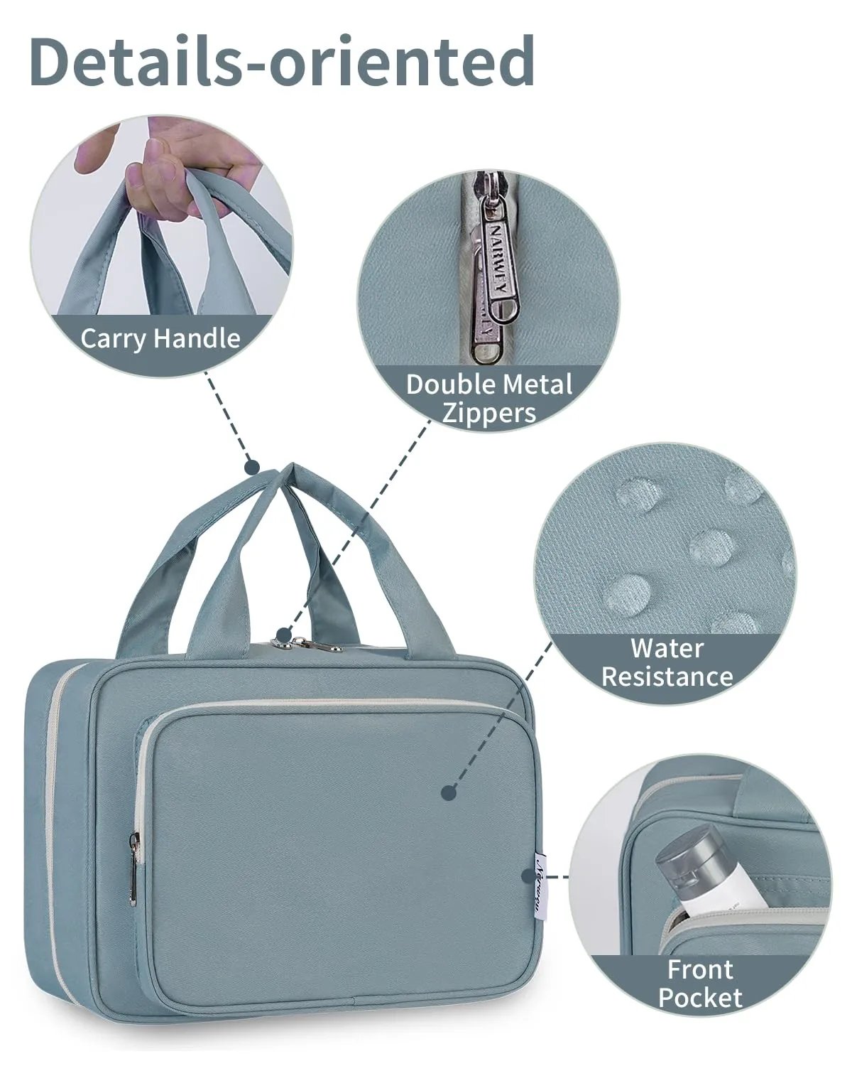Narwey Beauty Case da Appendere Viaggio, Beauty Case da Appendere per Donna Uomo,Borsa da Toilette da Travel Kit Viaggio, Trousse Pochette Trucchi Donna per Viaggio (Blu Grigio (Medio)) - immagine 7